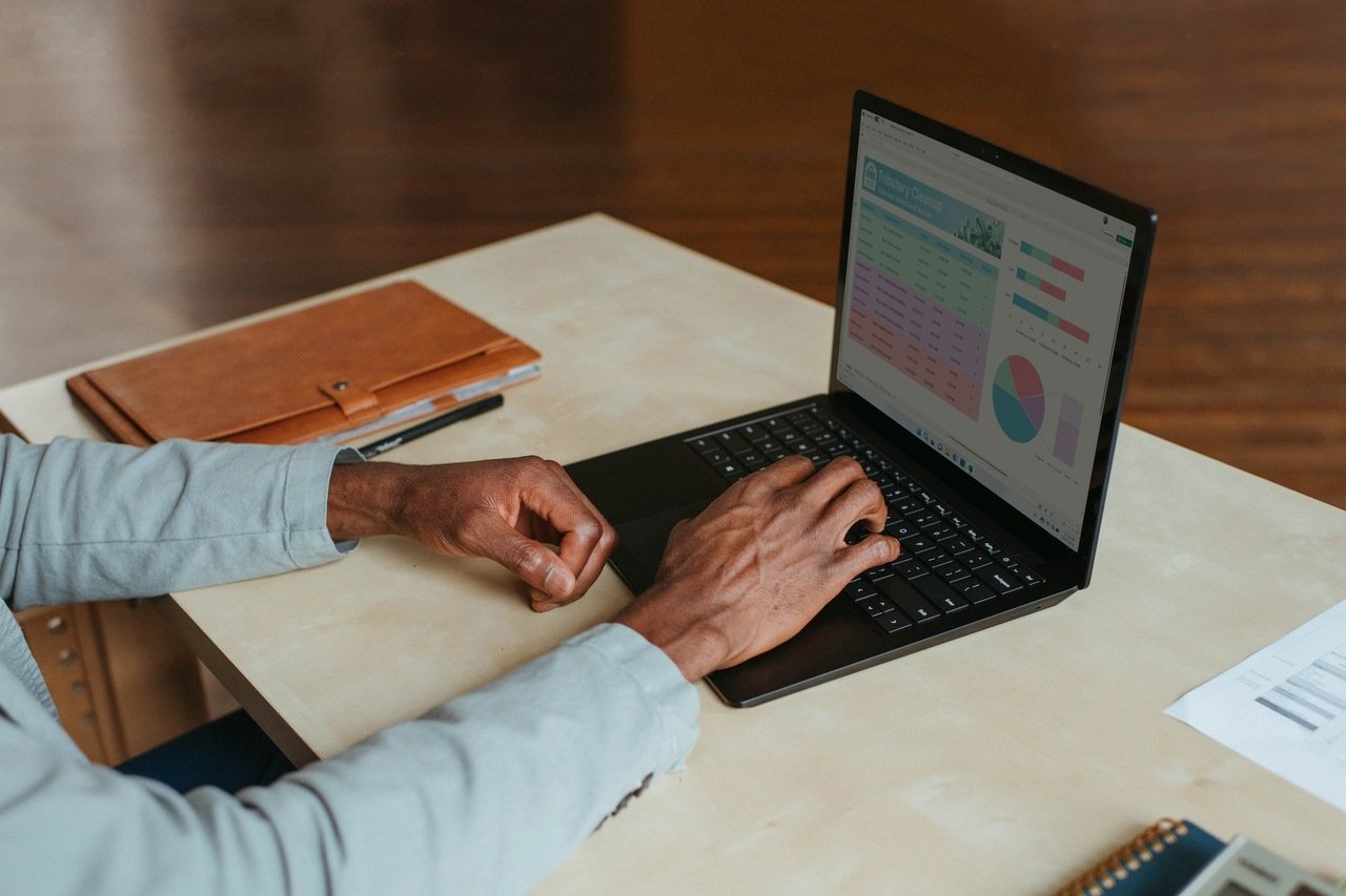 verileri kontrol eden bir laptop kullanıcısı