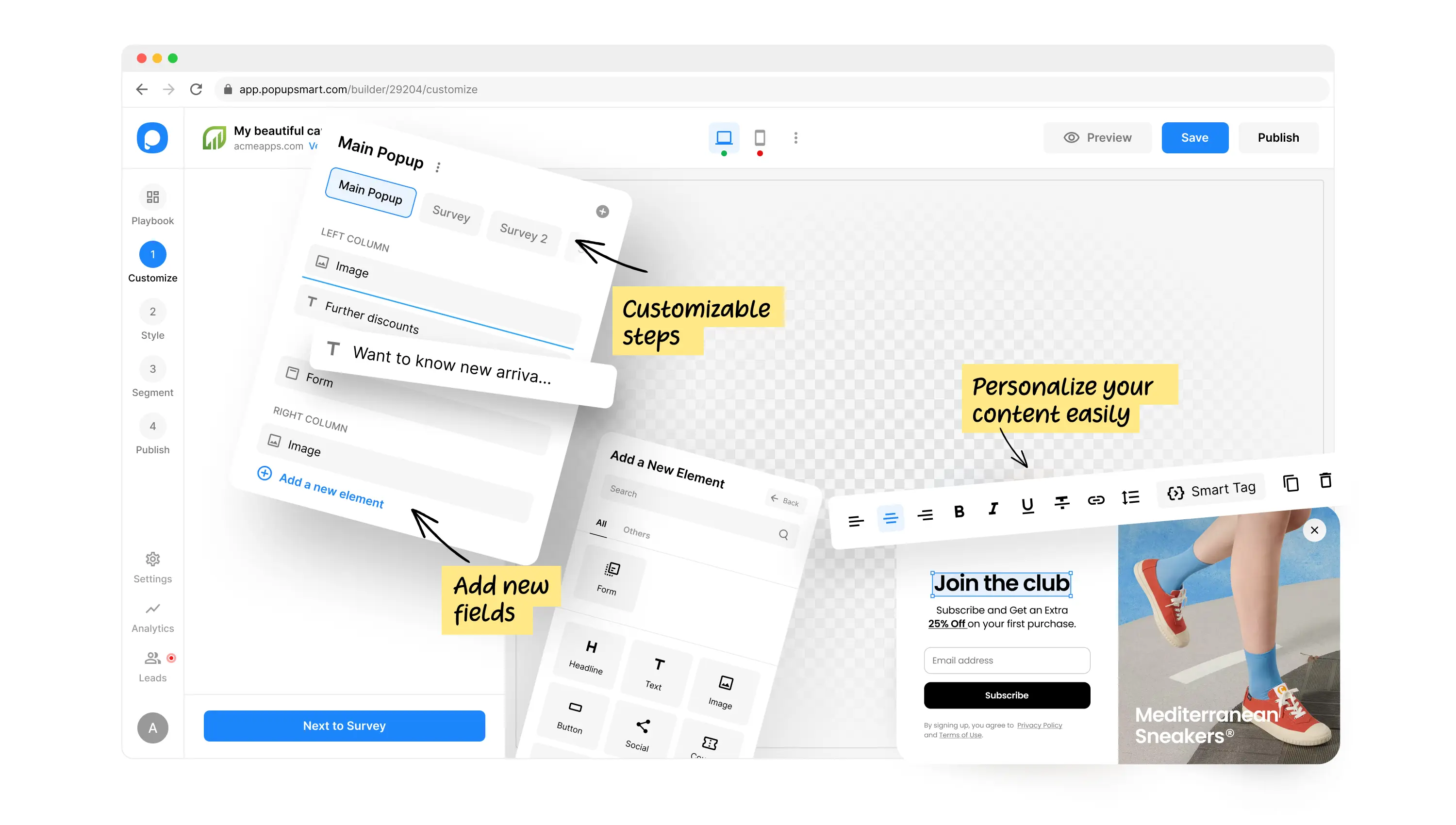 Popupsmart Customize - Drag-and-drop popup editor with steps and elements