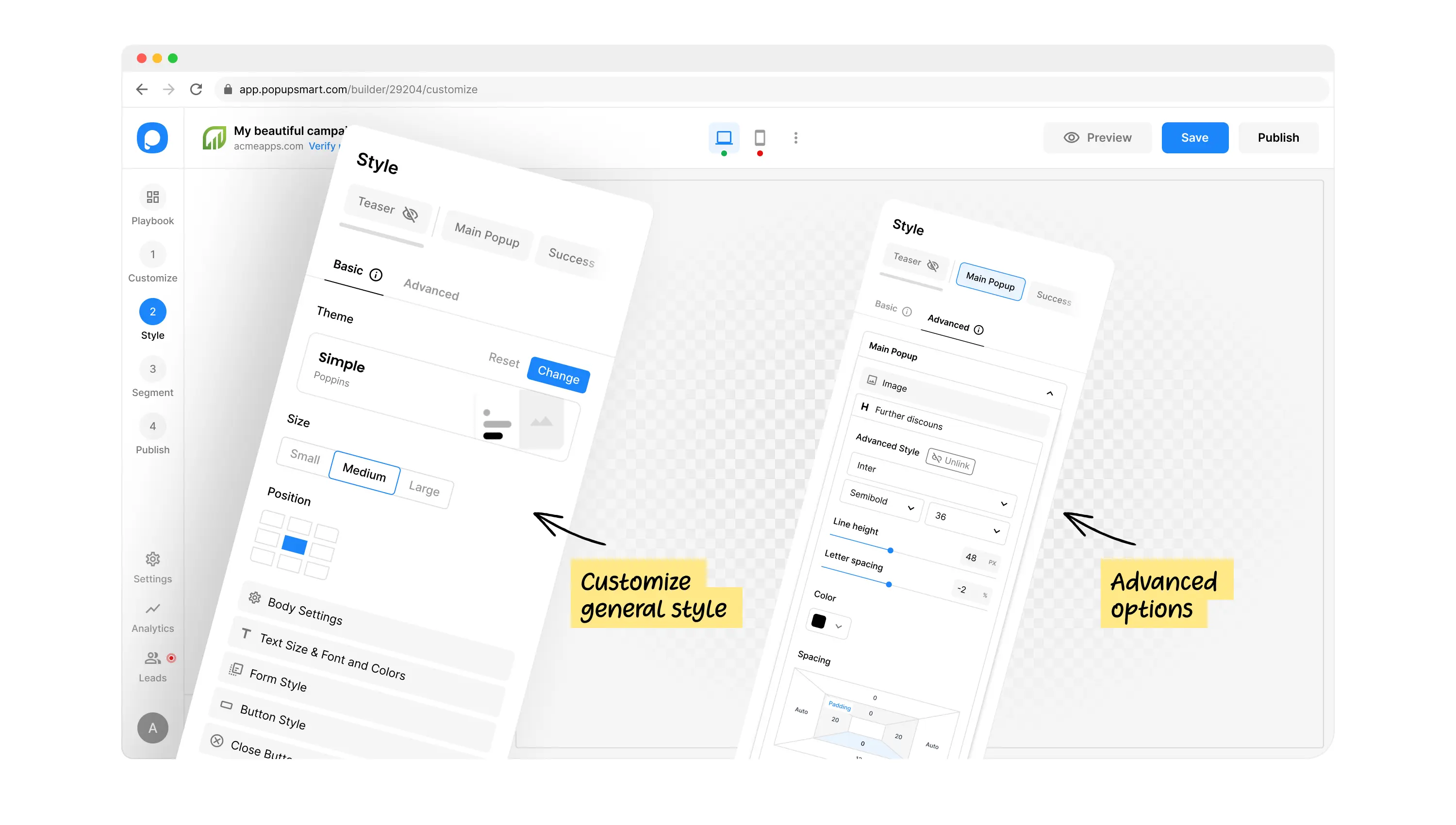Popupsmart Style - Global styles, custom CSS, and responsive preview