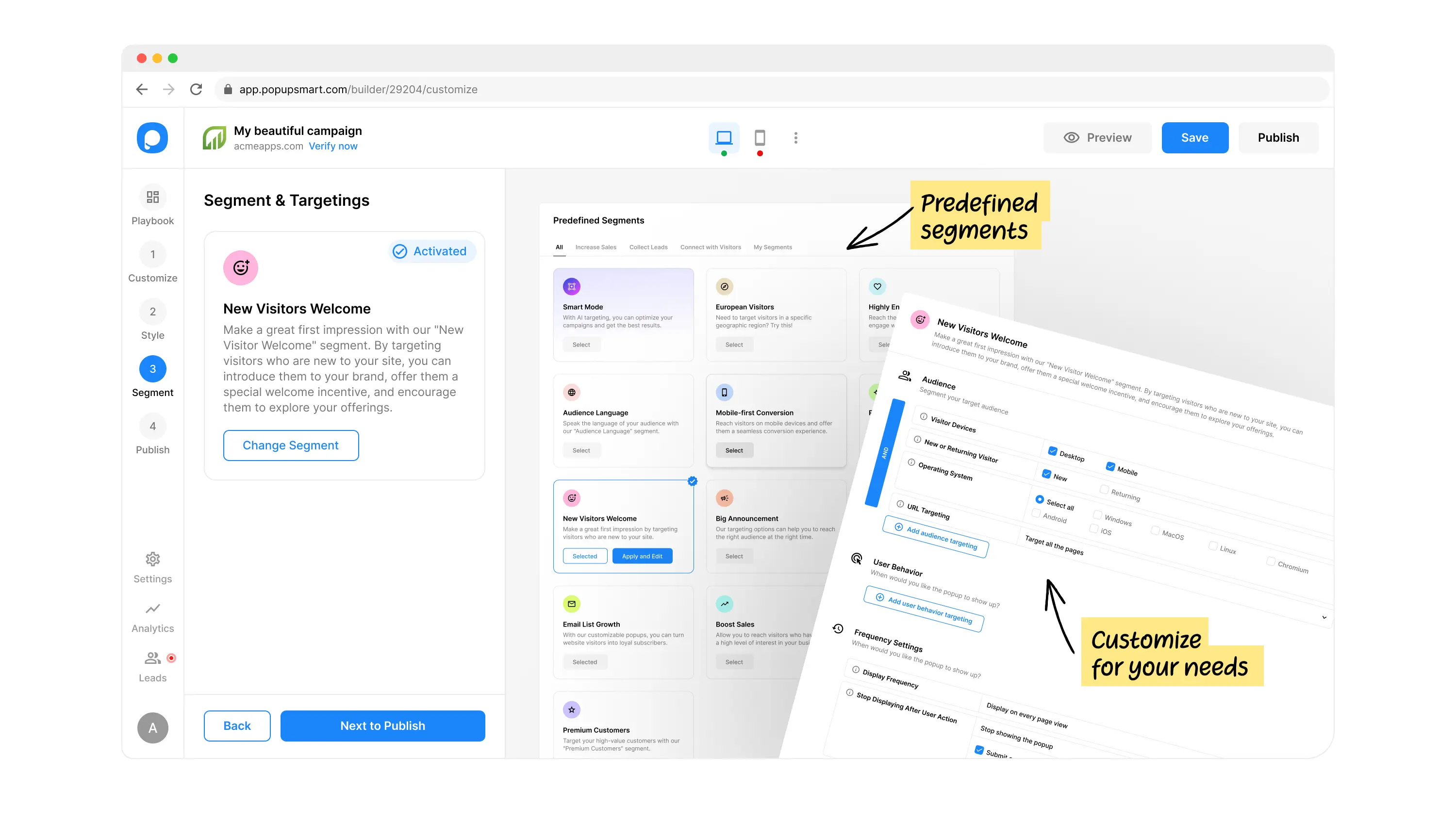 Popupsmart Segment - Audience targeting, triggers, and display frequency