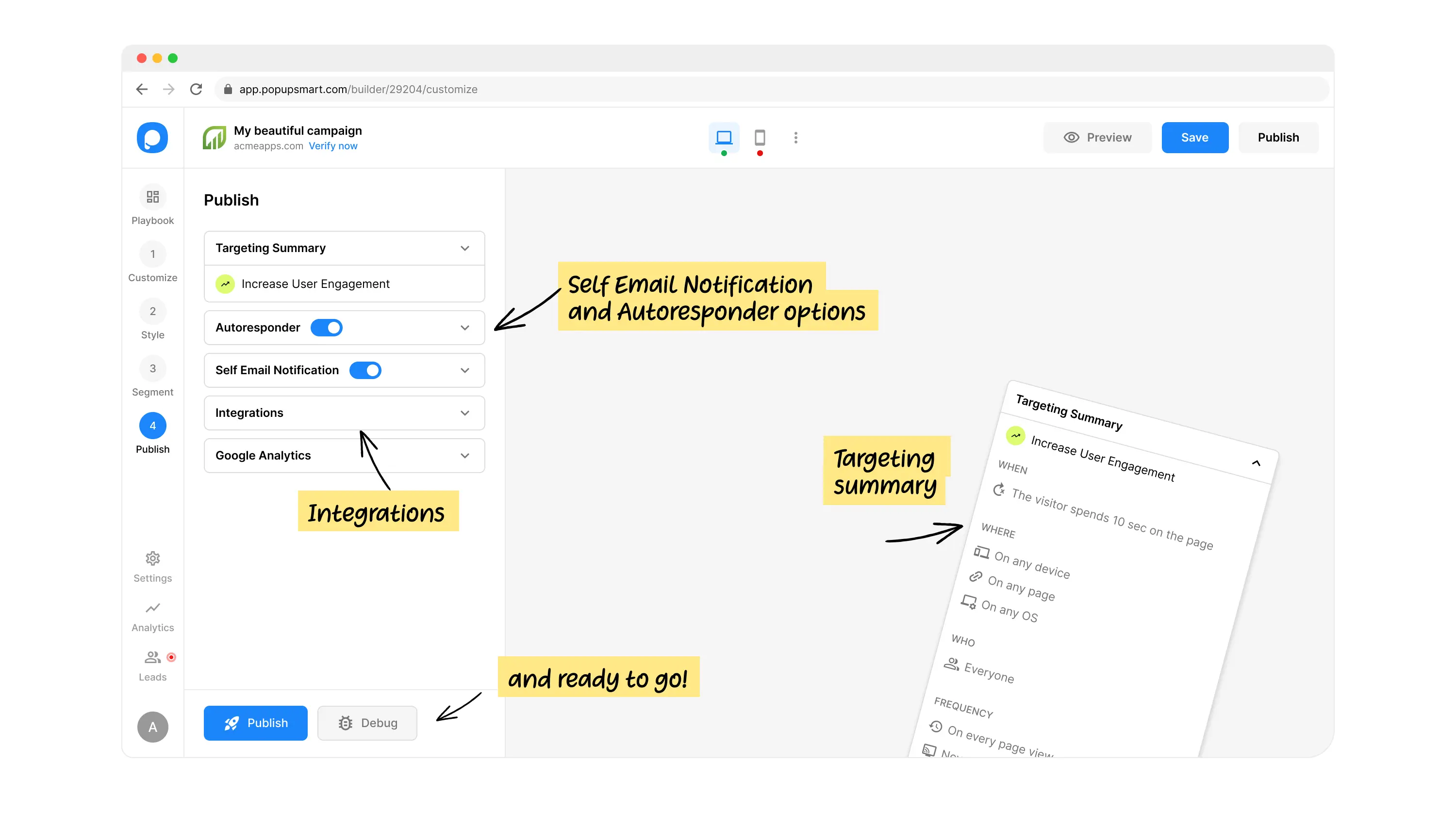 Popupsmart Publish - Integrations, notifications, and campaign launch
