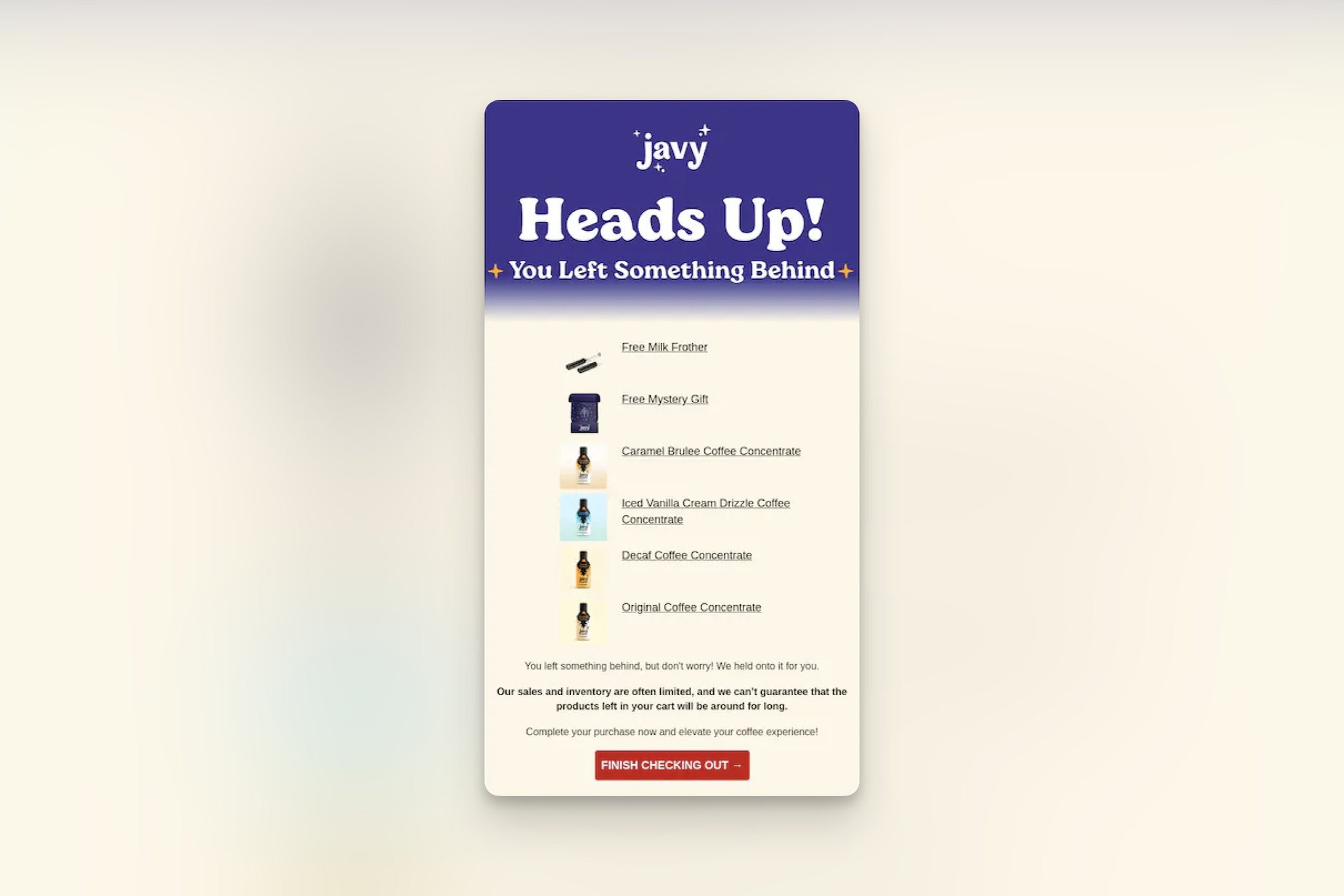 Cart abandonment email with a "Heads Up!" headline followed by the items that are left in the cart and a red "Finish Checking Out" button below