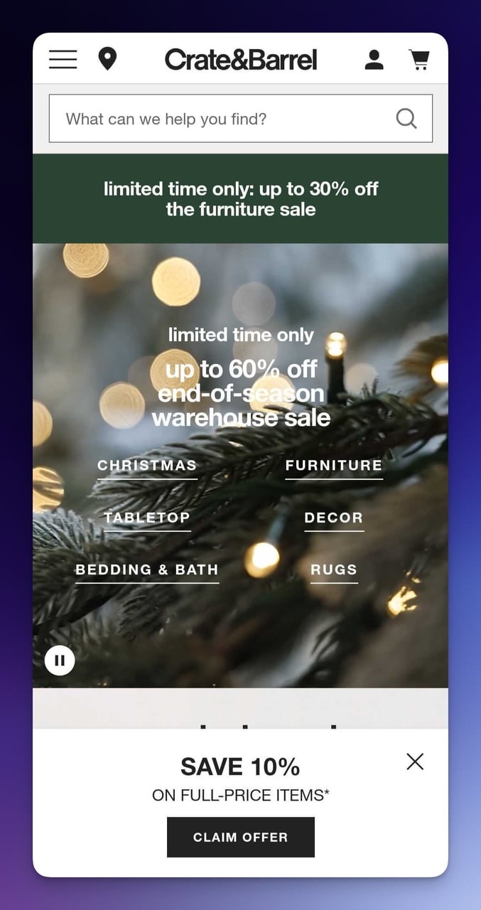 crate and barrel ana sayfa ilk görünüm