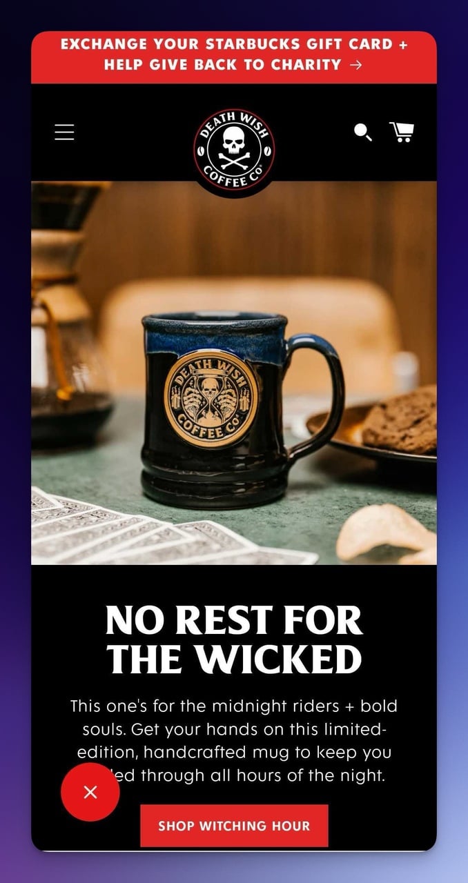 death wish coffee ana sayfası başlangıç görünümü