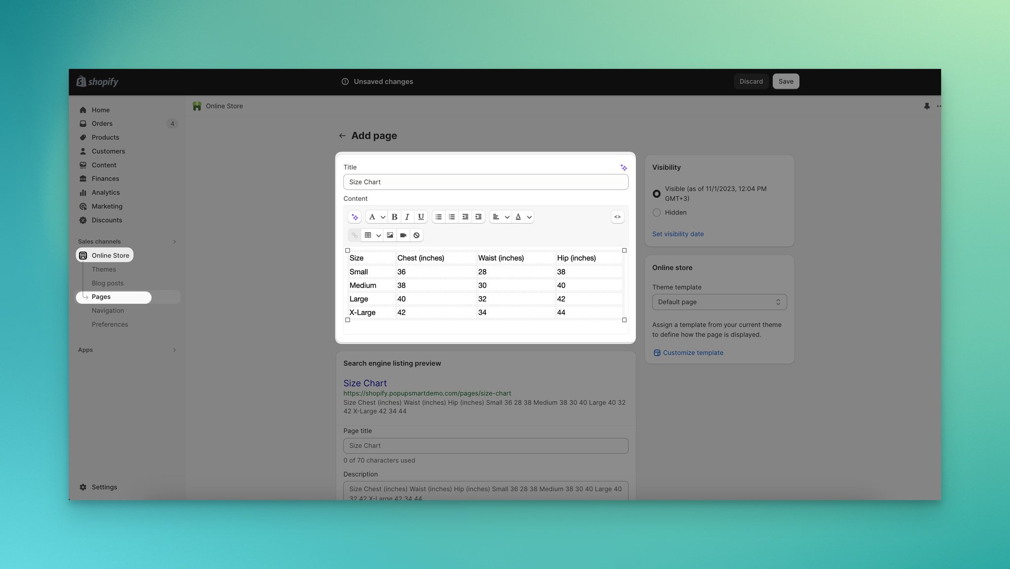 Creating a size chart page from the Online Store Pages section in Shopify
