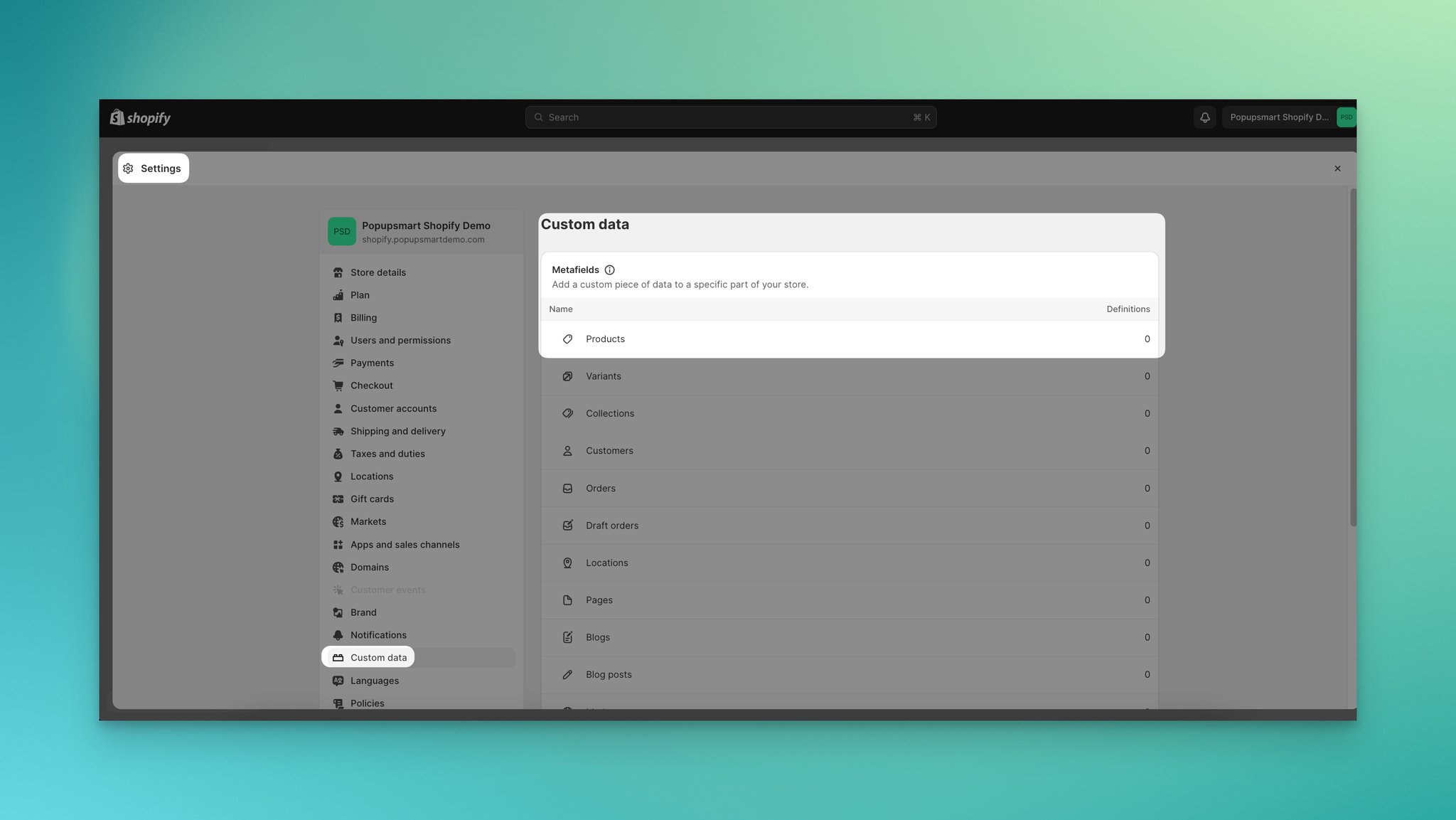Navigating to Custom data settings and selecting Products for metafield creation in Shopify