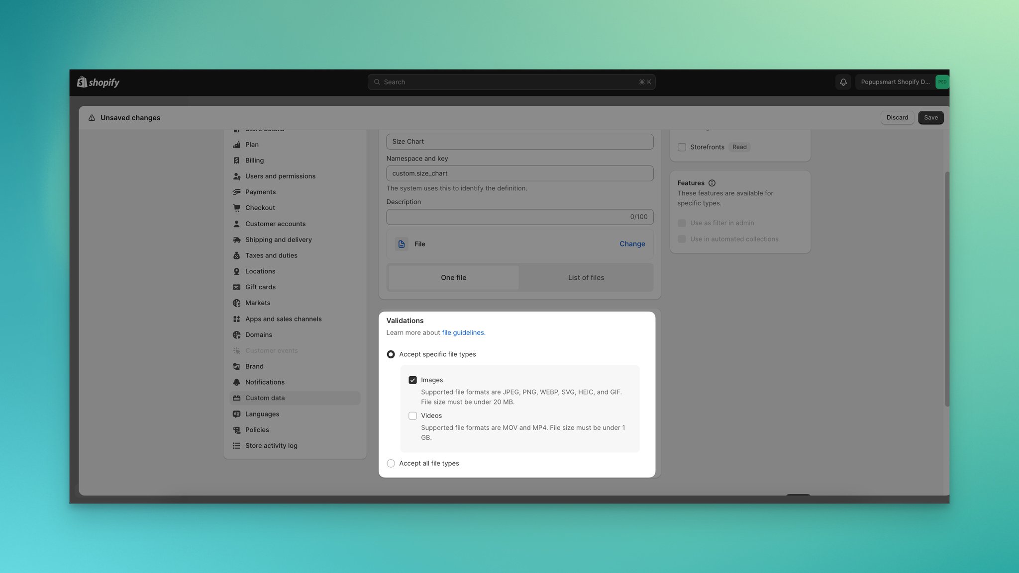 Selecting Only accept images validation for the size chart metafield in Shopify