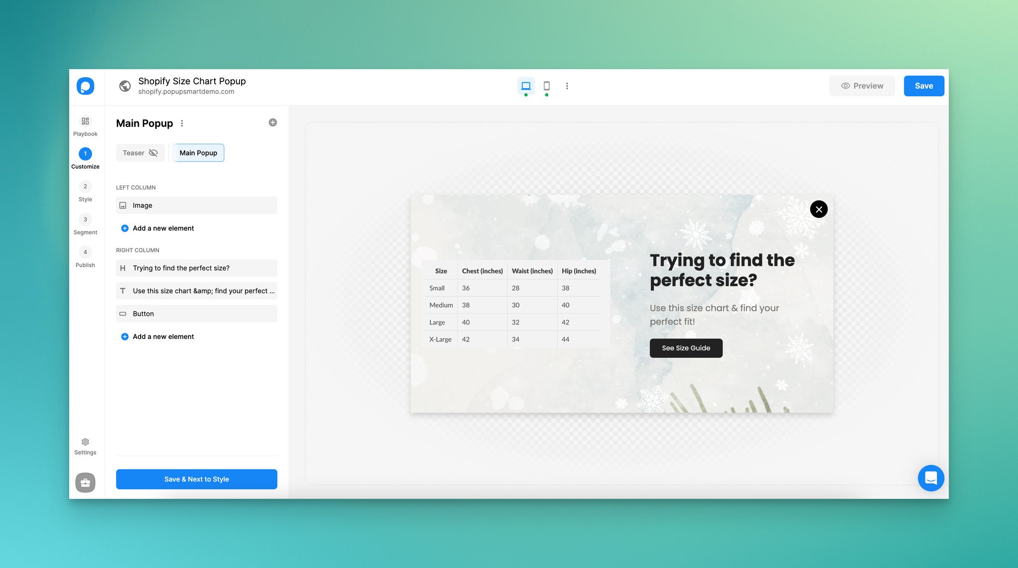 Designing and customizing a size chart popup for Shopify in Popupsmart's visual editor
