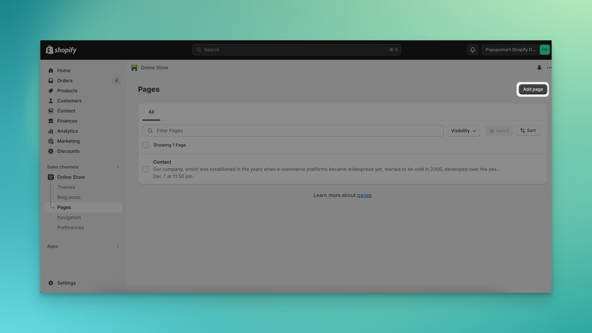 Clicking Add page button in the Shopify Pages section