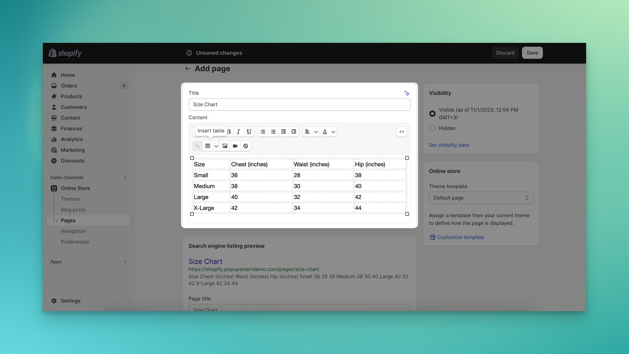 Building a size chart table in the Shopify page content editor