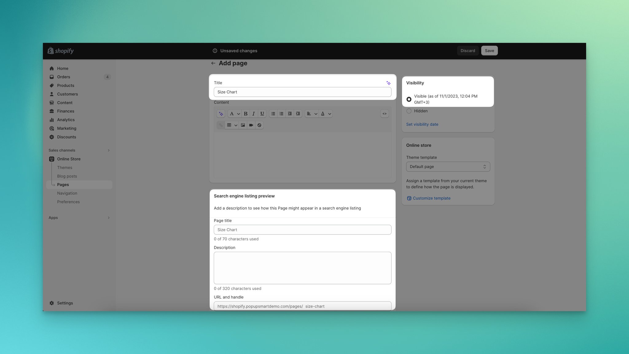 Setting size chart page title and URL slug in Shopify SEO listing preview