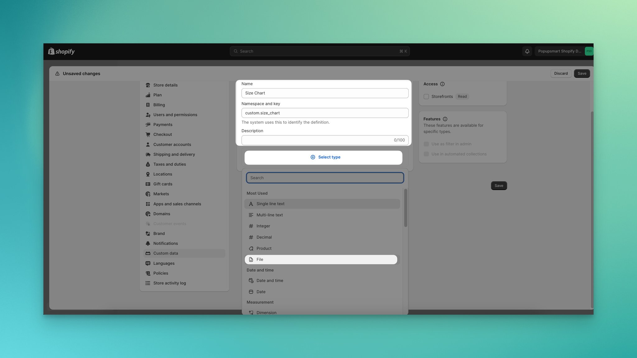 Naming the metafield Size Chart Image and selecting File content type in Shopify