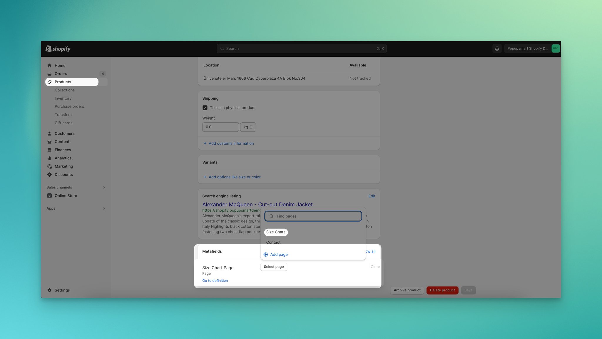 Assigning the size chart page metafield to a product in Shopify admin
