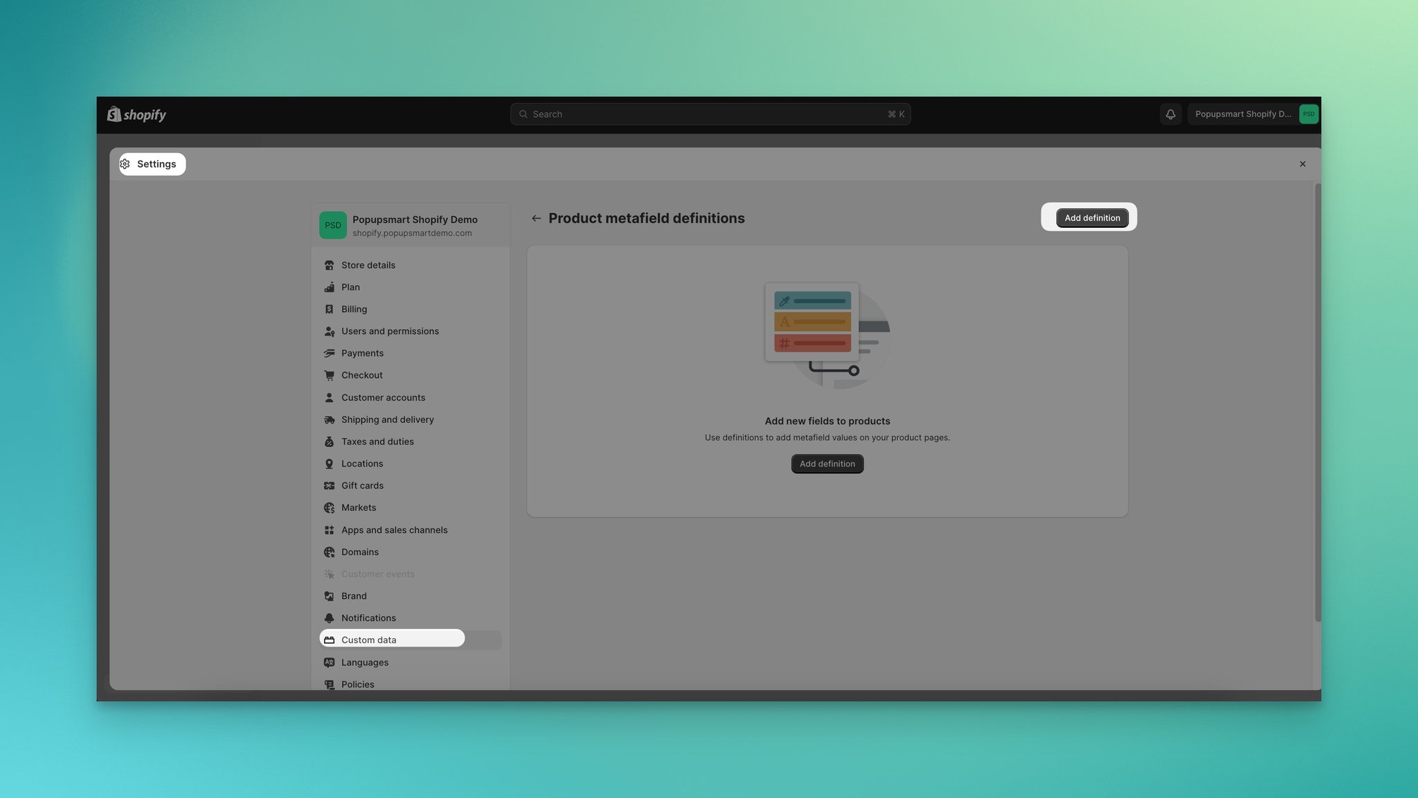Creating a new Page-type metafield definition for size chart popup in Shopify