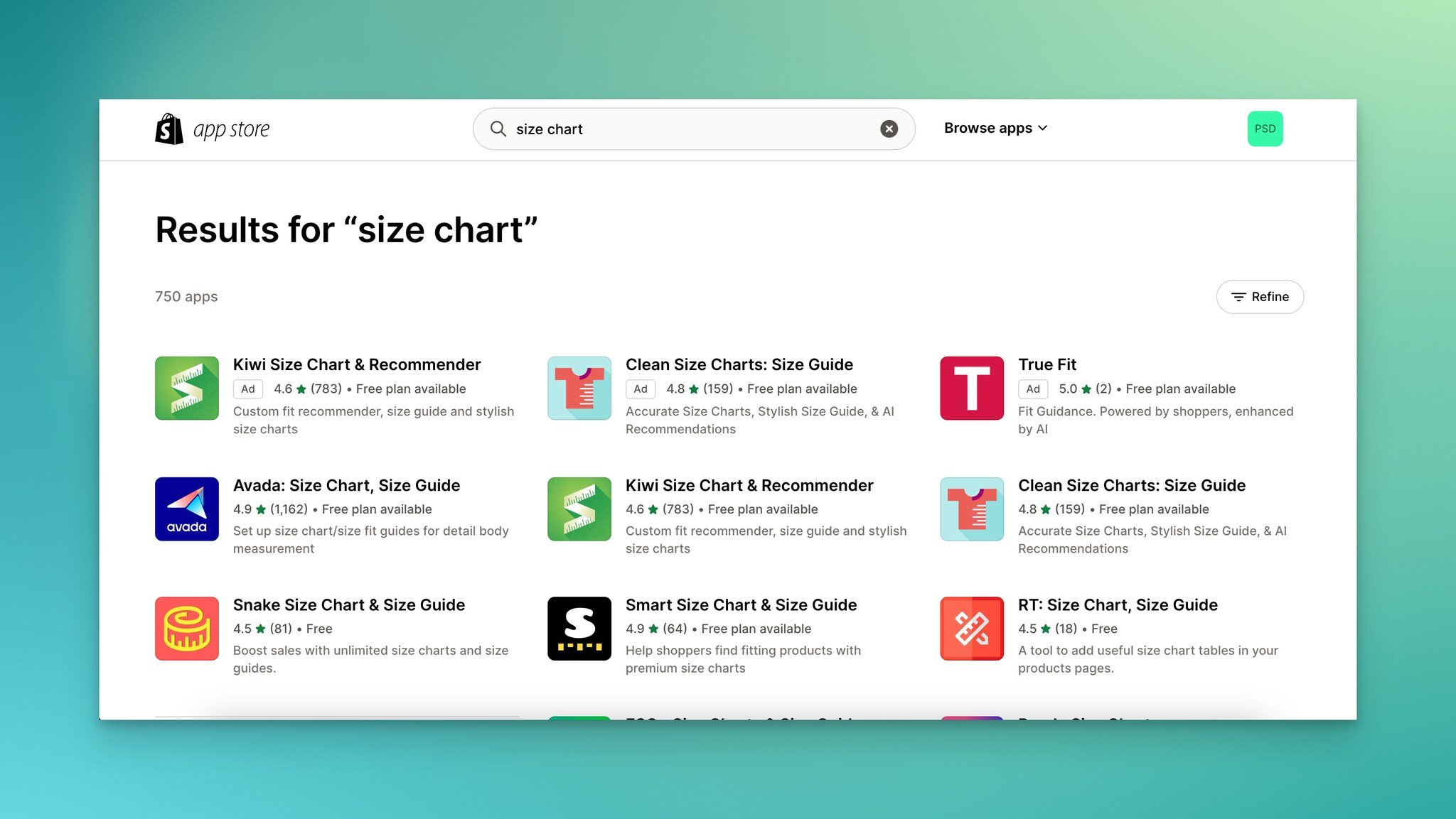 Browsing available size chart apps in the Shopify App Store search results