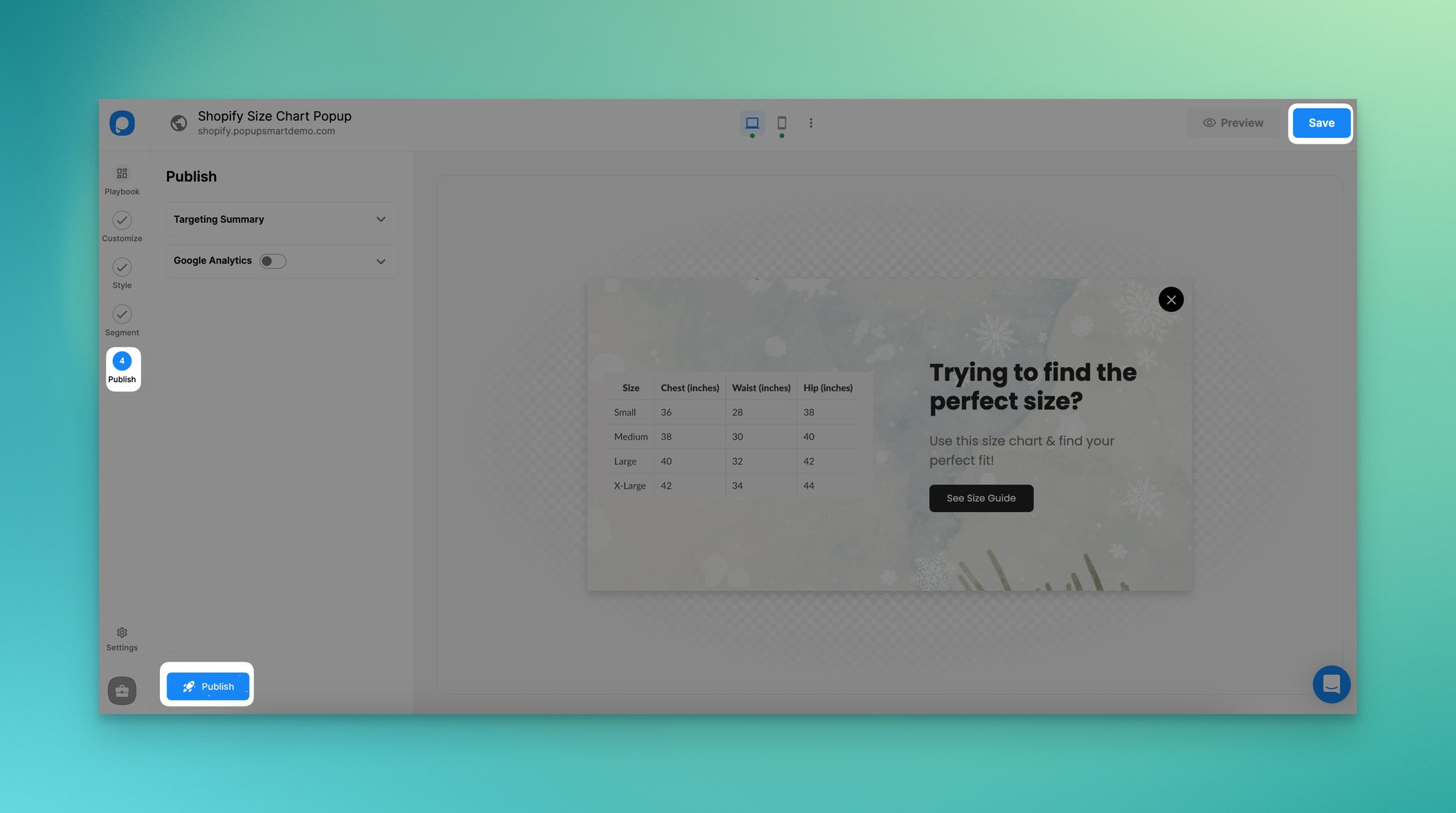 Saving and publishing the size chart popup campaign in Popupsmart