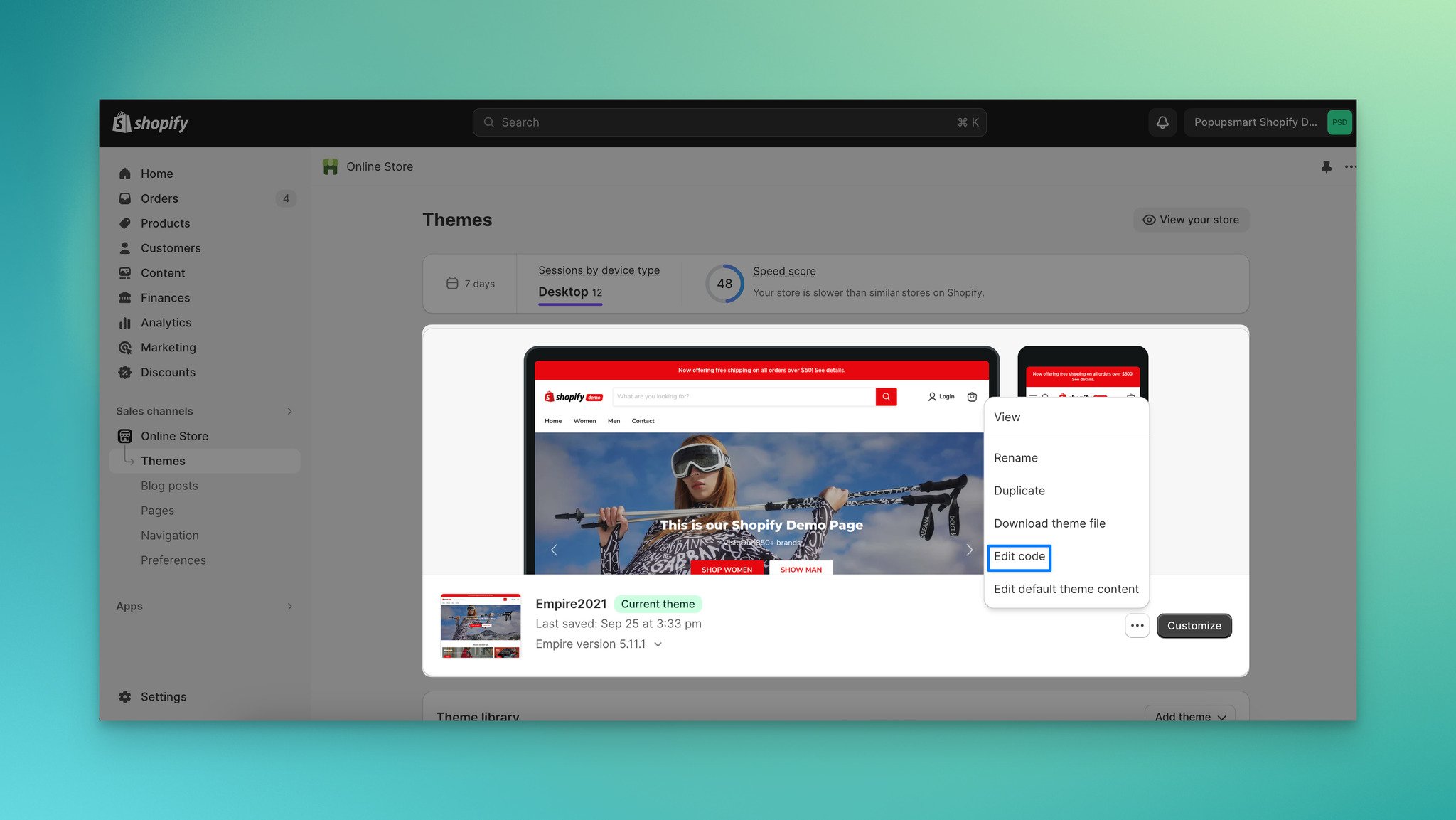 Clicking Edit code from the theme actions menu in Shopify