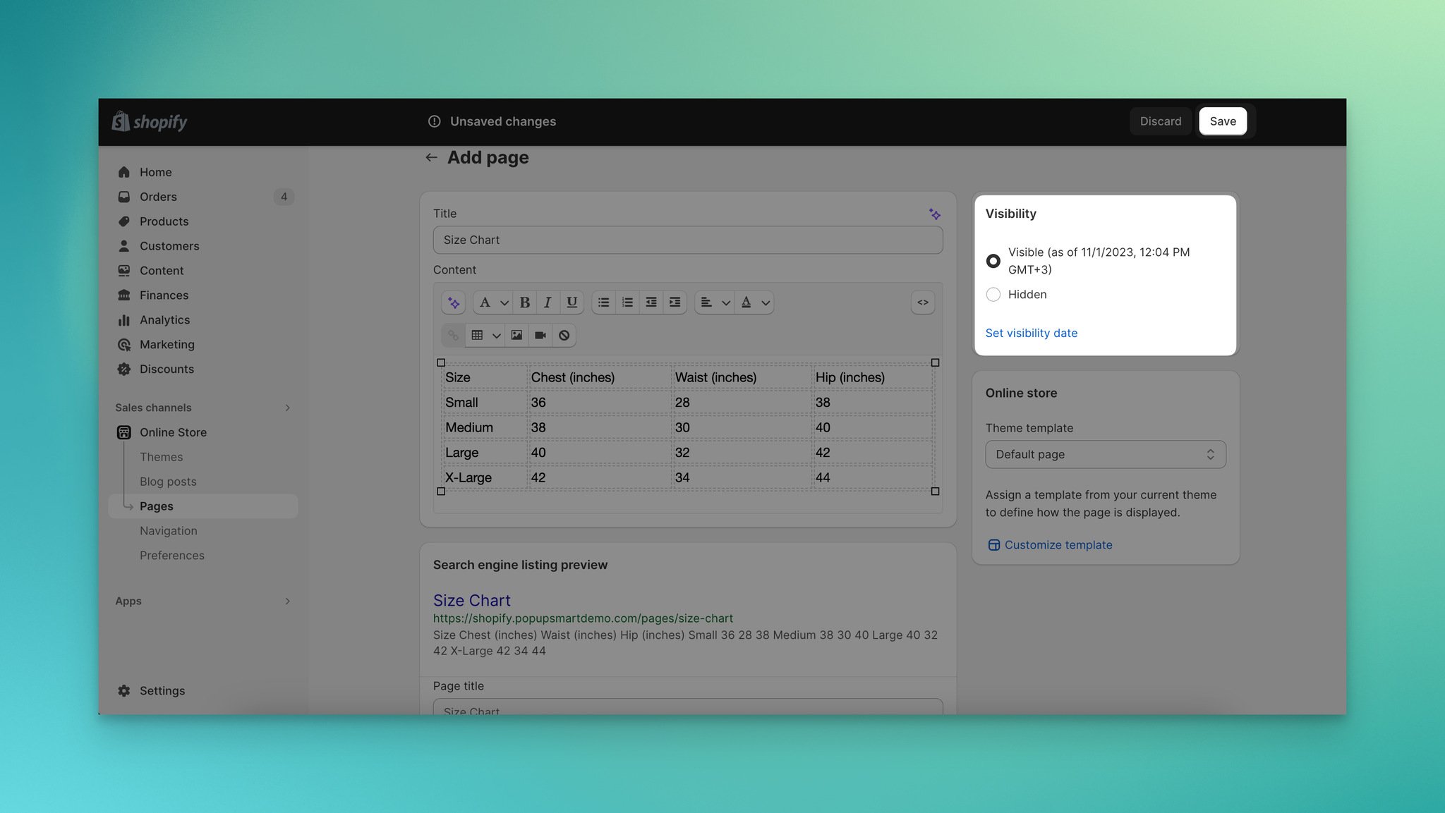 Setting size chart page visibility to Visible and saving in Shopify