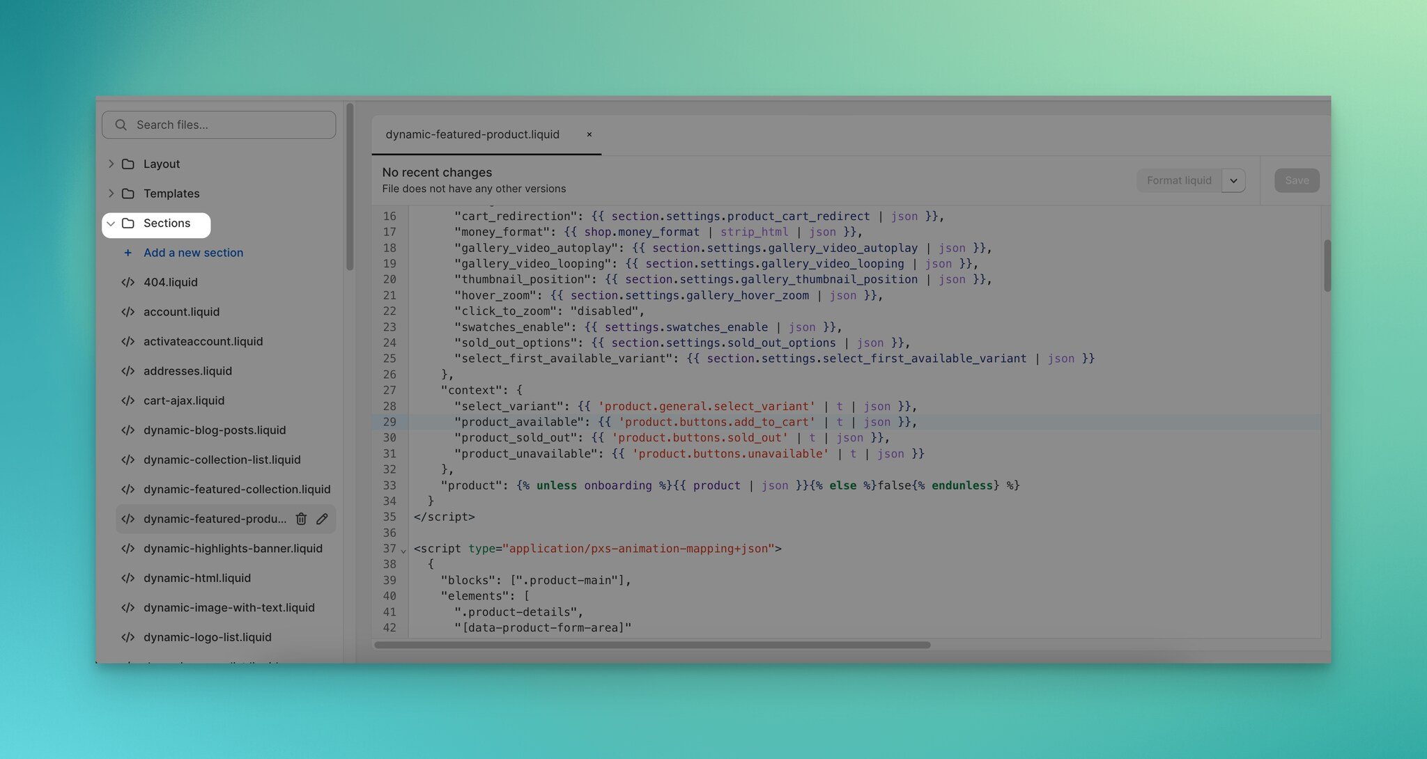 Locating product-template.liquid file in Shopify theme code editor Sections directory