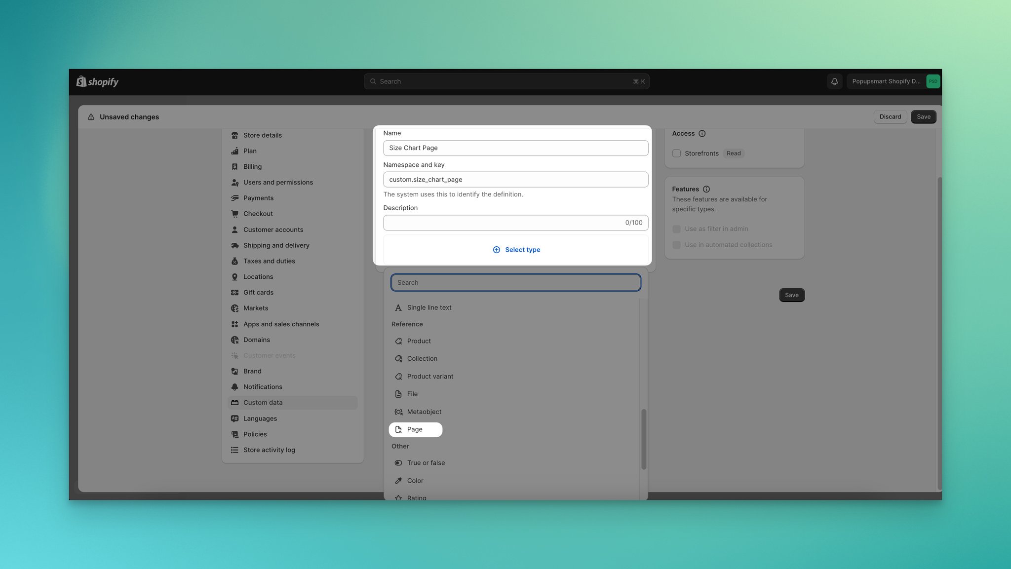 Setting the metafield content type to Page for the size chart popup in Shopify