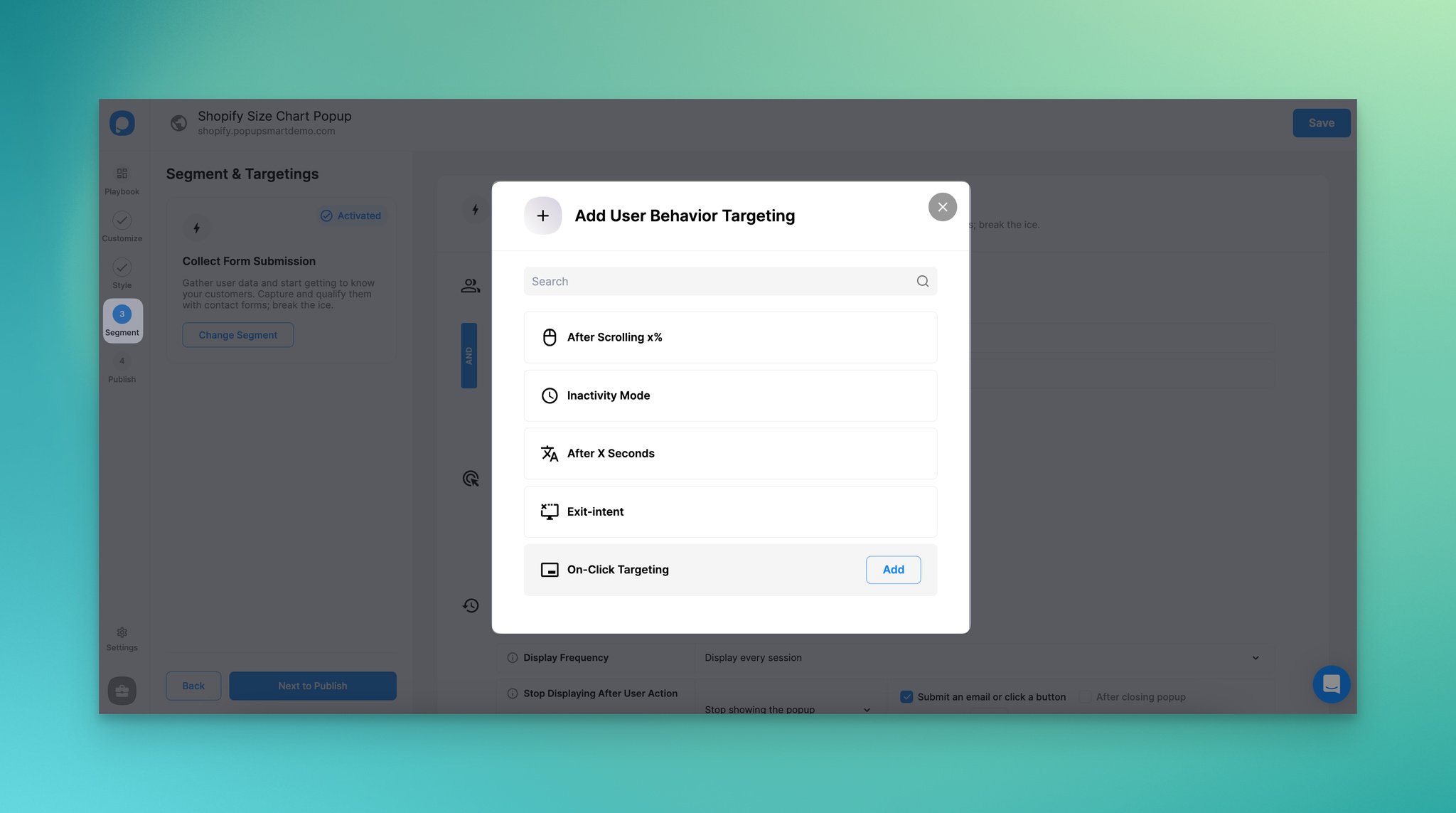 Configuring on-click targeting for the size chart popup in Popupsmart's behavior targeting settings