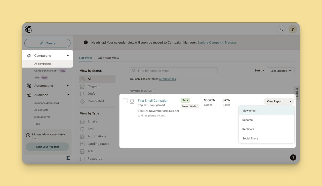MailChimp'te kampanyaların tümü bölümünde raporu görüntüle