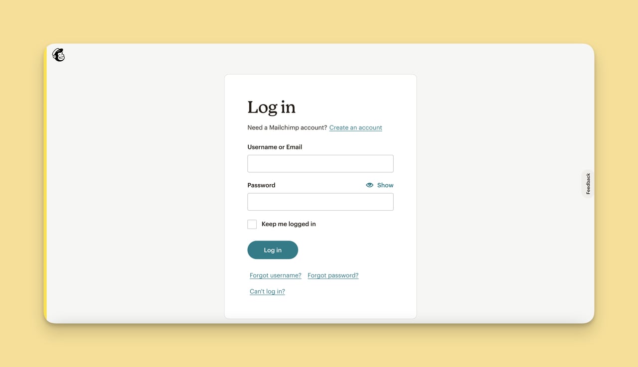 MailChimp giriş kullanıcı adı ve parola alanları
