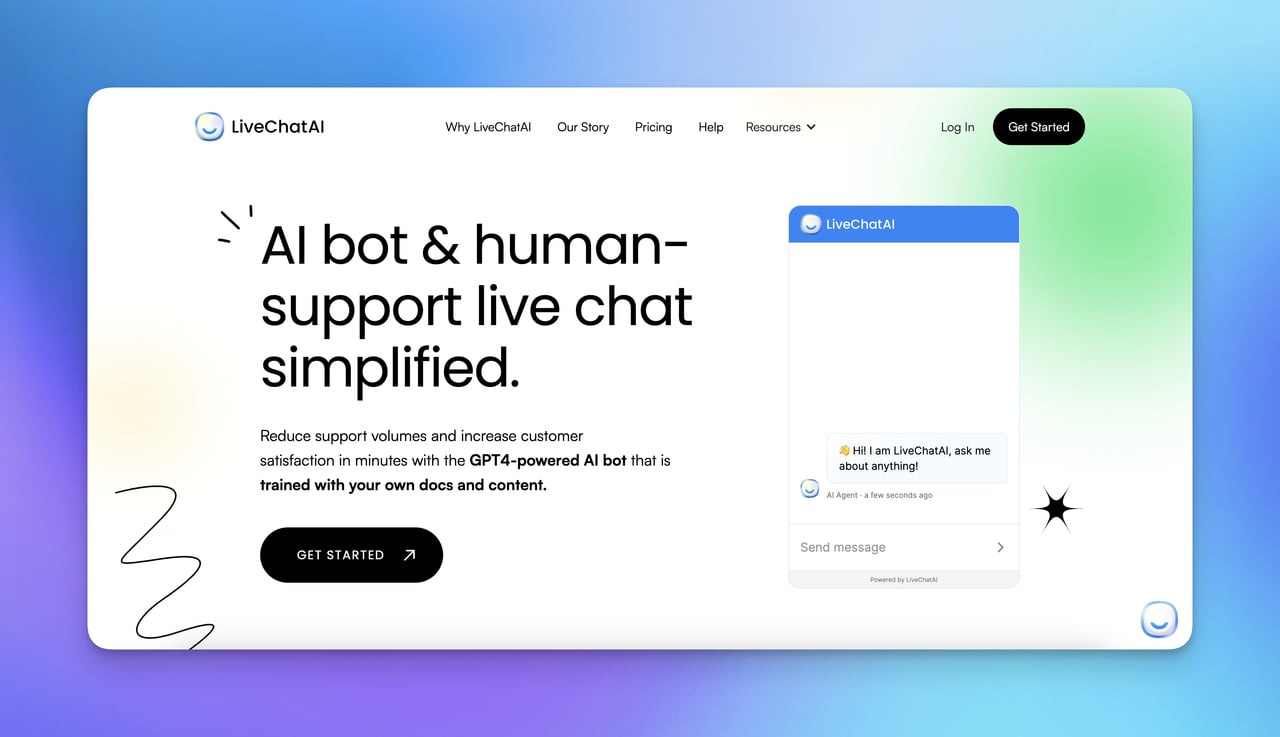 müşteri desteğini azaltan bir AI botu olan LiveChatAI'nin ana sayfası