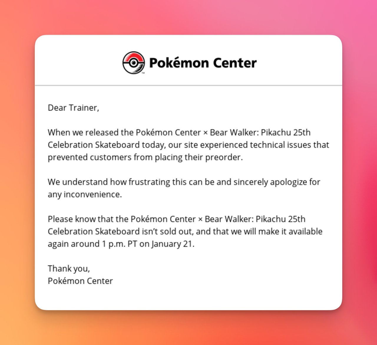 Pokemon Merkezi düzeltme e-postası yazılı içerik ile birlikte