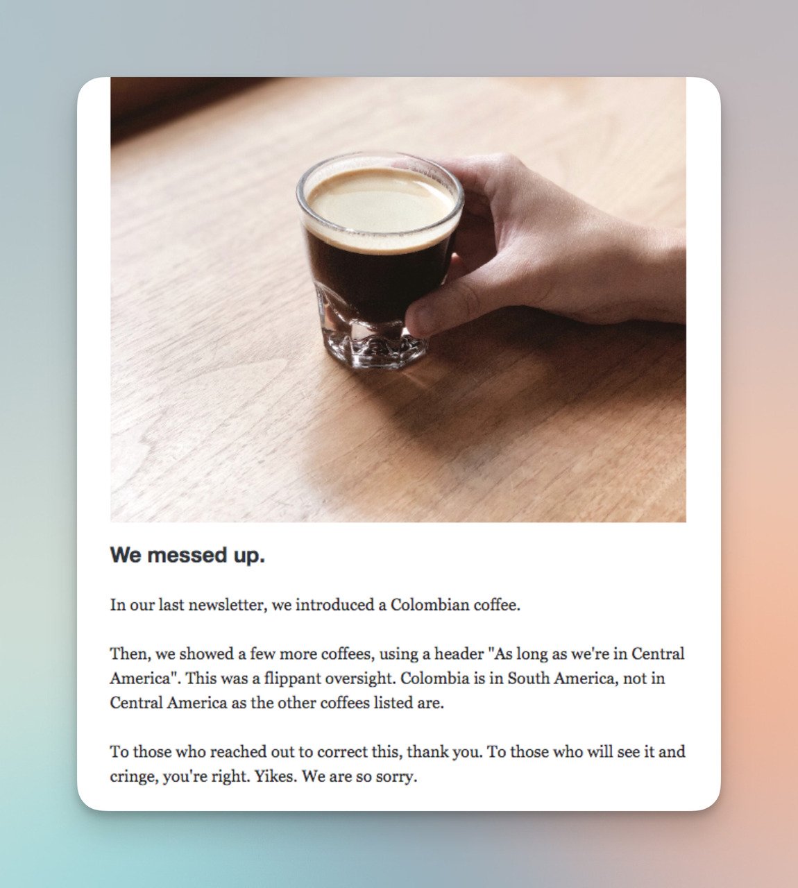 Methodical Coffee doğru e-postası, bir kahve resmi ve kısa e-posta içeriğiyle