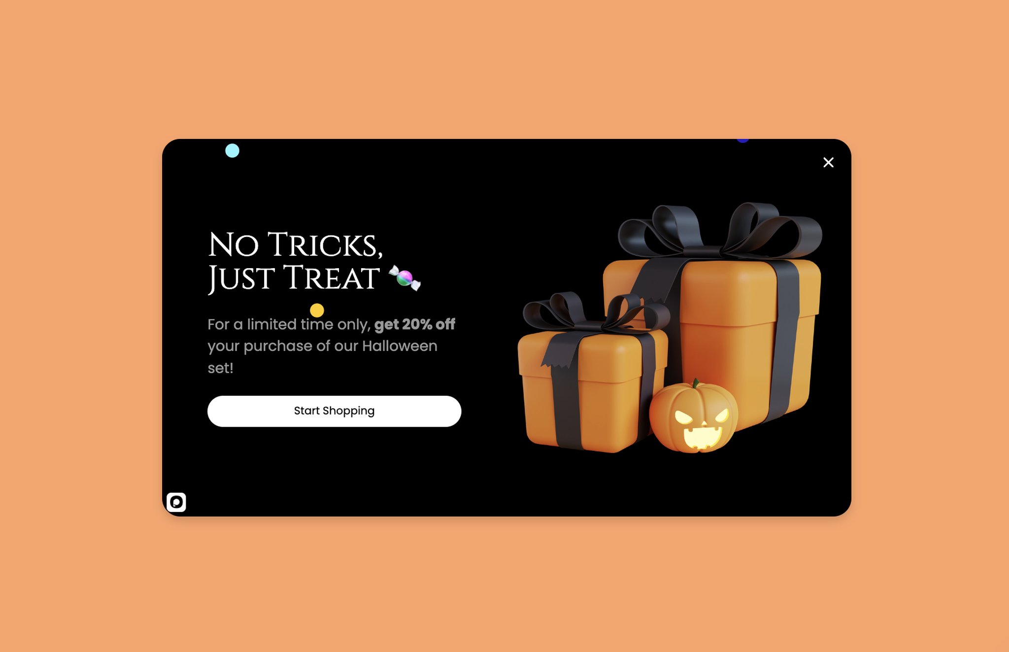 Üç boyutlu hediye kutuları ve bir kabak fenerin yanında "No tricks, just treat" başlığıyla bir yazı ve "Start Shopping" düğmesi ile bir ürün paketi popup örneği