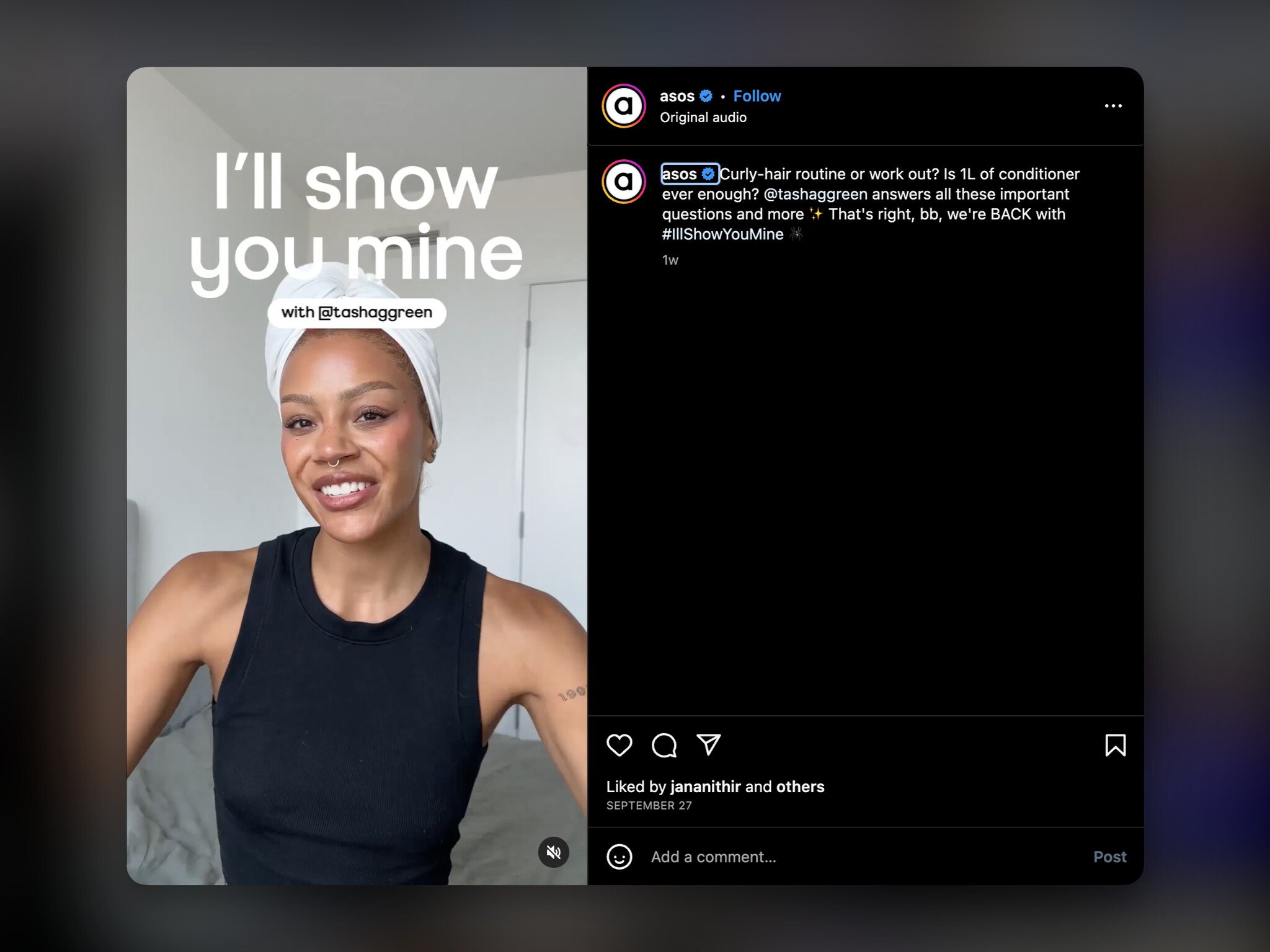 Asos'un Instagram sayfasında başında havlu olan bir kadın ve sağında fotoğraf açıklaması