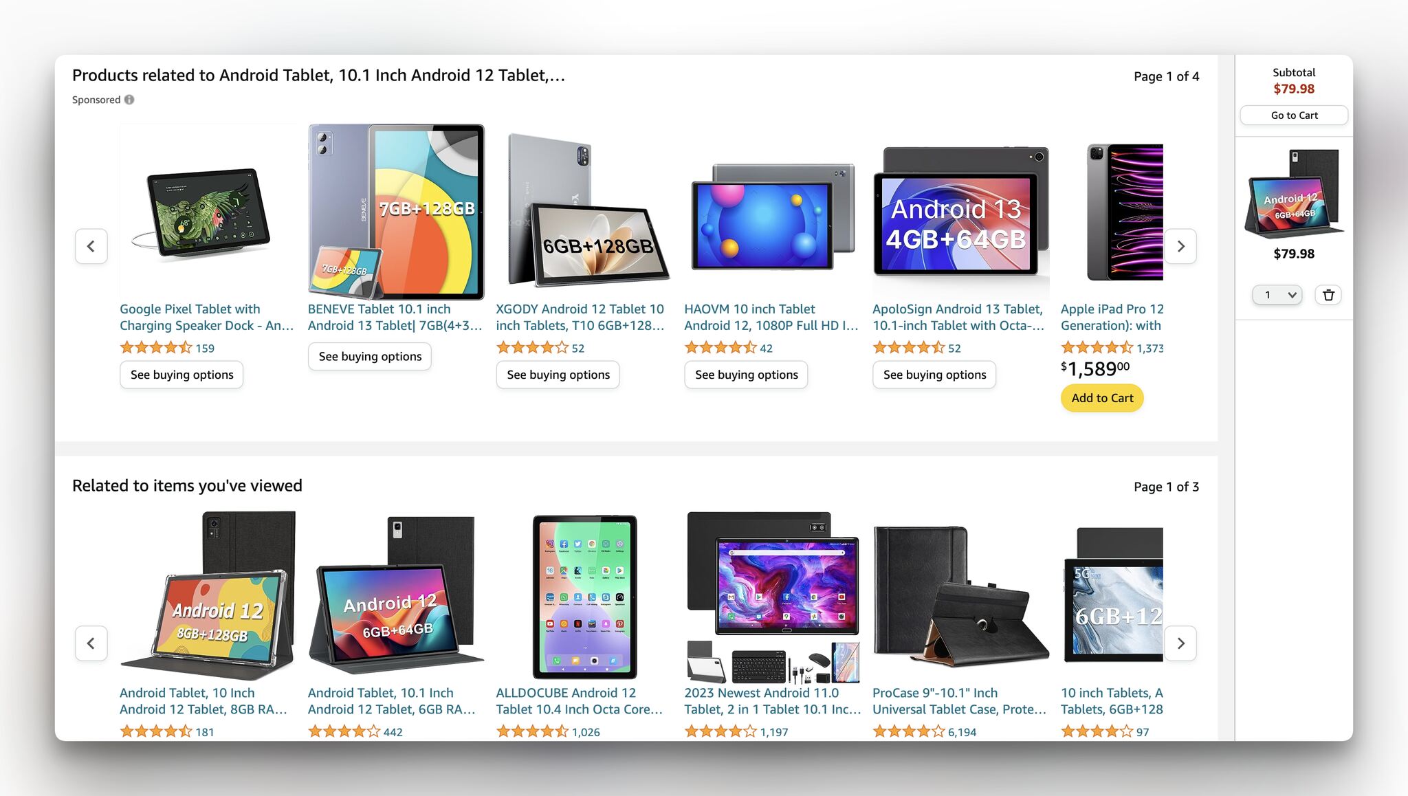 Amazon’un ilgili ürünler seçenekleri, her birinin altında puanlama ve satın alma butonları bulunan farklı tabletler gösteriyor