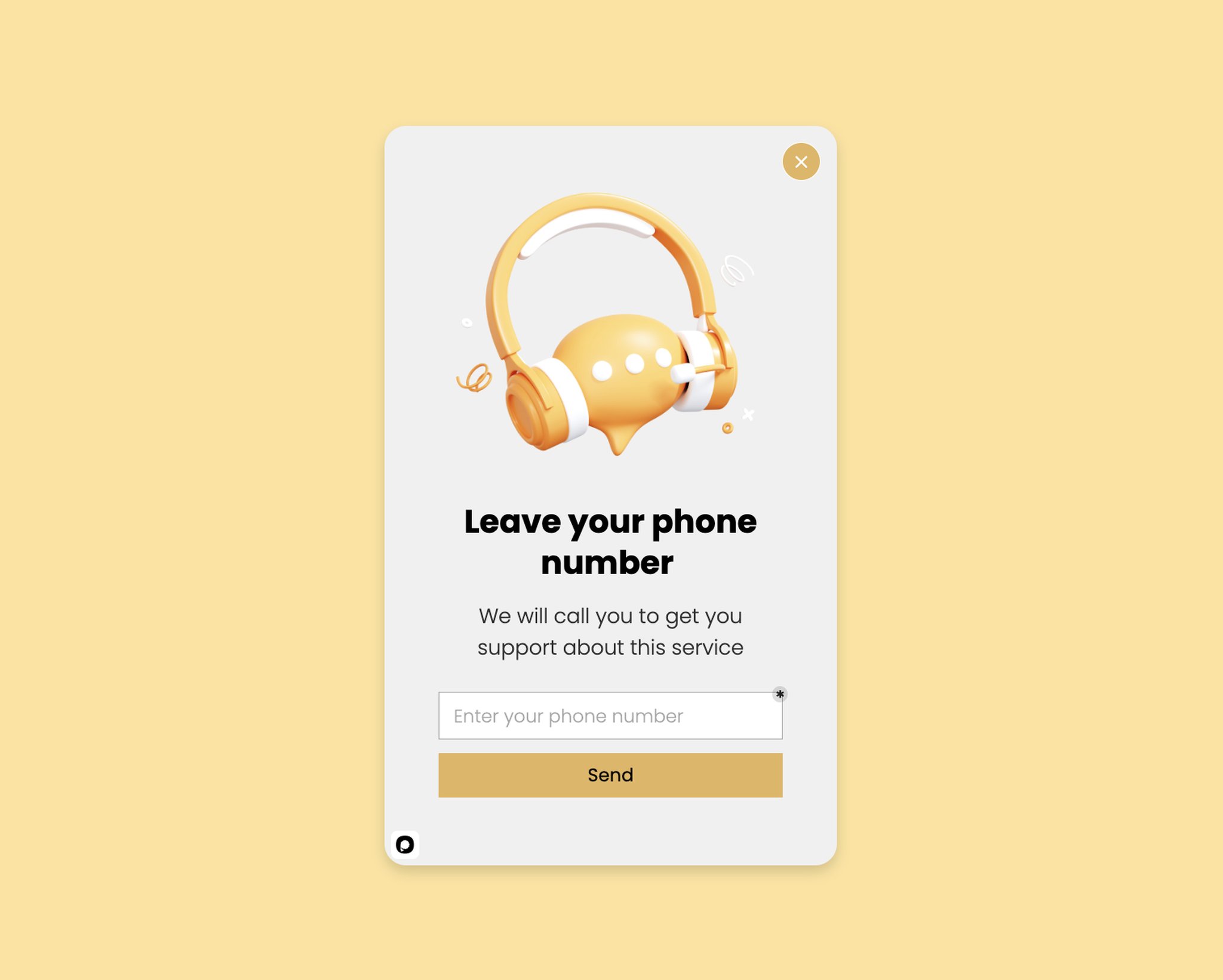 Kulaklık takmış bir konuşma balonu ile birlikte 'Telefon numarınızı bırakın' başlığı ve bir telefon numarası alanı içeren bir telefon numarası pop-up'ı