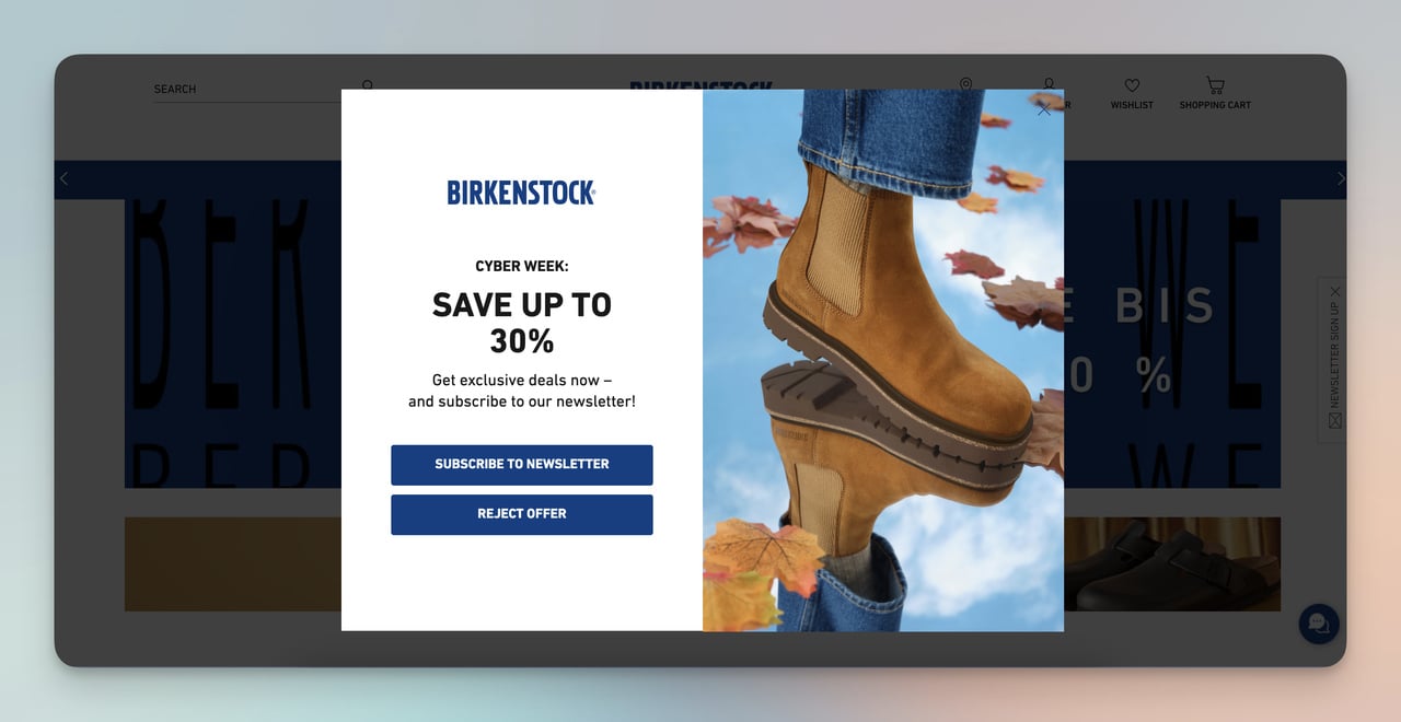 birkenstock websitesi kişiselleştirilmiş pop-up örneği ile indirim teklifi
