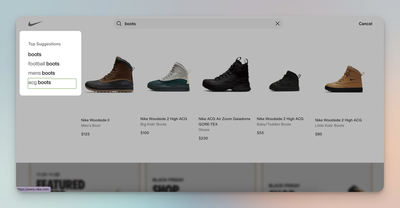nike önerilen arama sonuçları örneği ile botlar