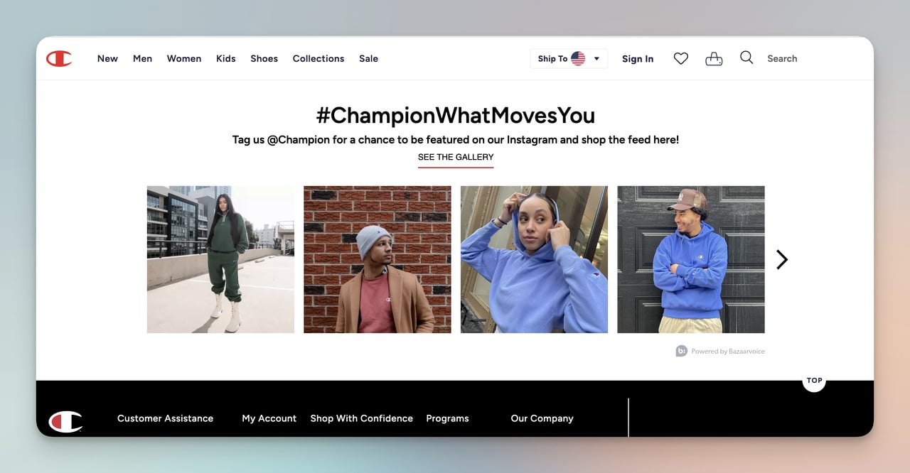 kişiselleştirme için Champion UGC sosyal entegrasyon örneği