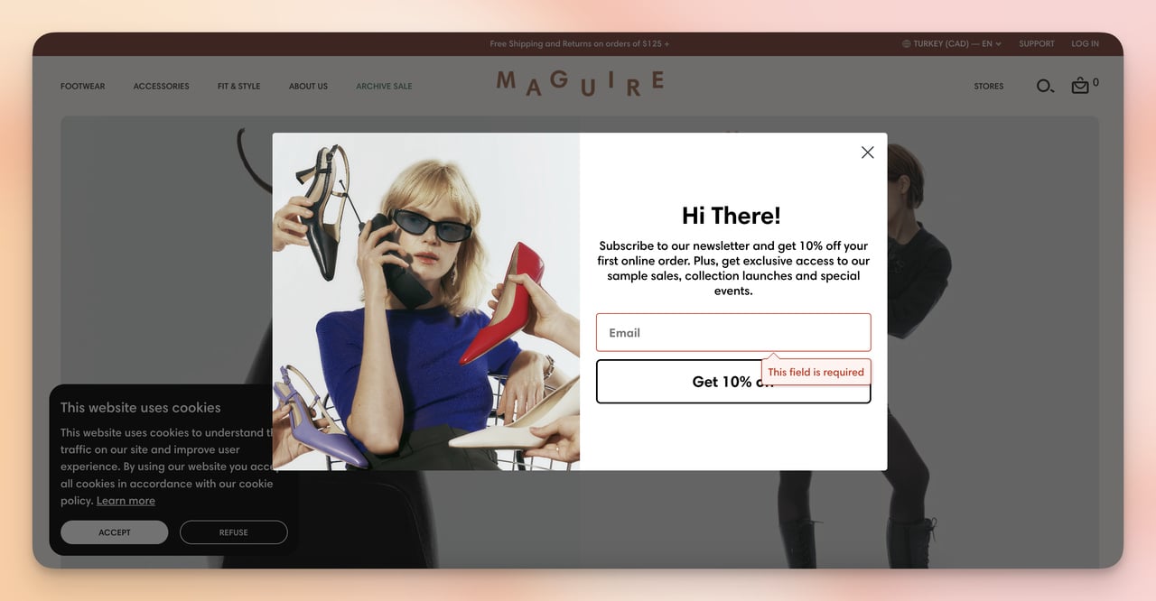 shopify mağazası maguire pop-up abonelik sayfası