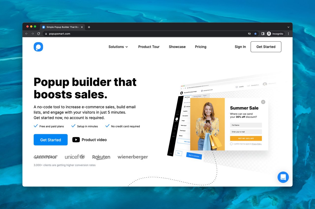 Popupsmart çıkış niyetli pop-up yazılımı ana sayfası ve "Hemen Başlayın" yazılı CTA düğmesi