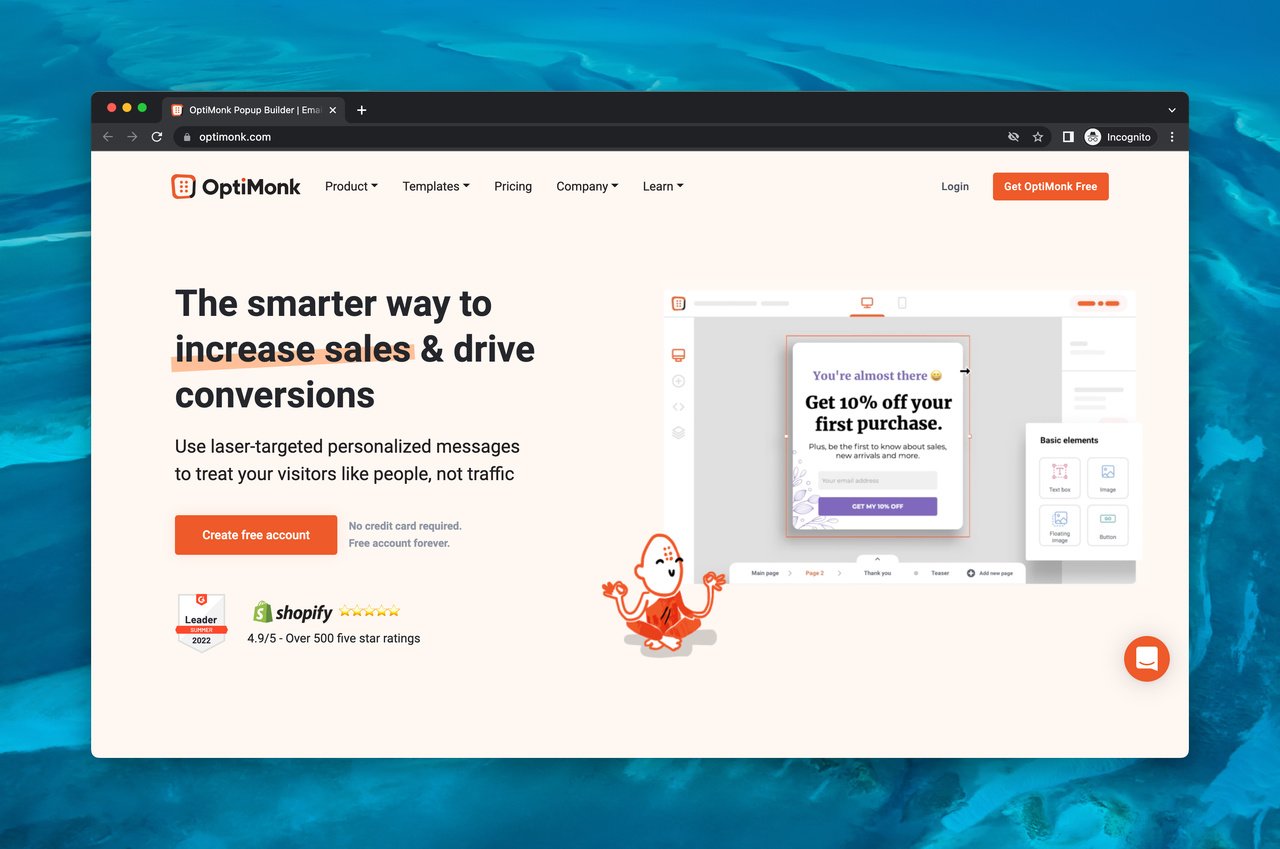 OptiMonk çıkış niyetli popup yazılımının ana sayfası, üzerinde "Ücretsiz hesap oluştur" yazan turuncu bir çağrı eylemi ile