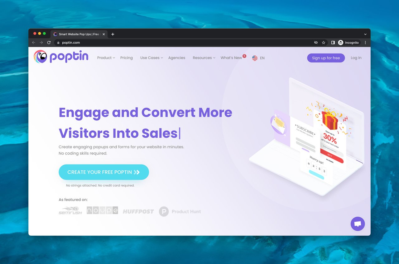 Poptin çıkış niyetli popup yazılımının ana sayfası "Ücretsiz Poptin'inizi Oluşturun" yazan bir CTA ile