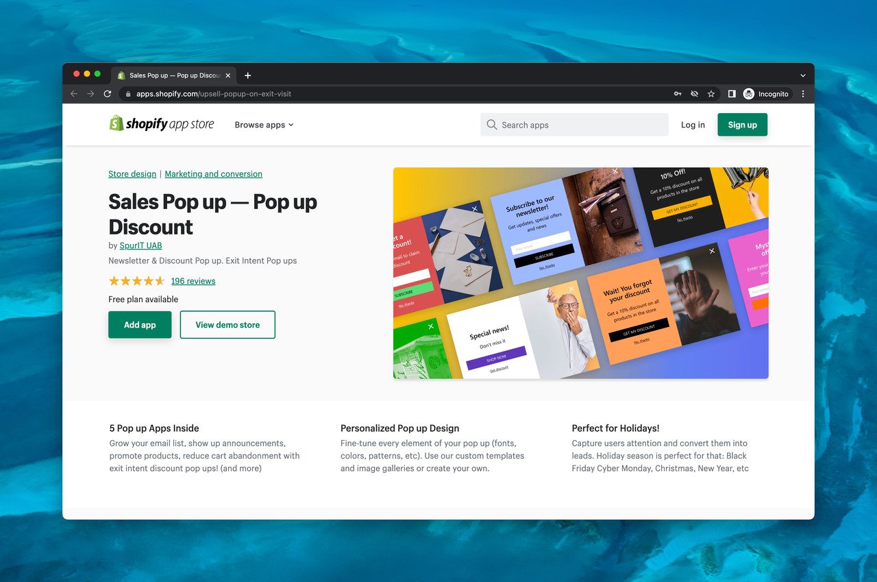 Shopify uygulama mağazasında Satış Popup çıkış niyetli popup yazılımı