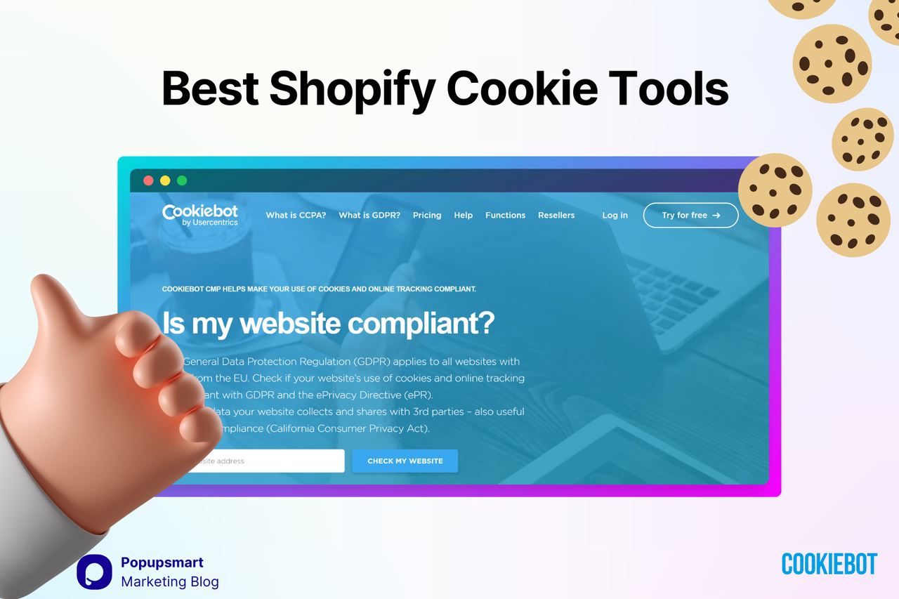 Cookiebot Shopify çerez aracı web sitesi ekran görüntüsü mavi arka planla