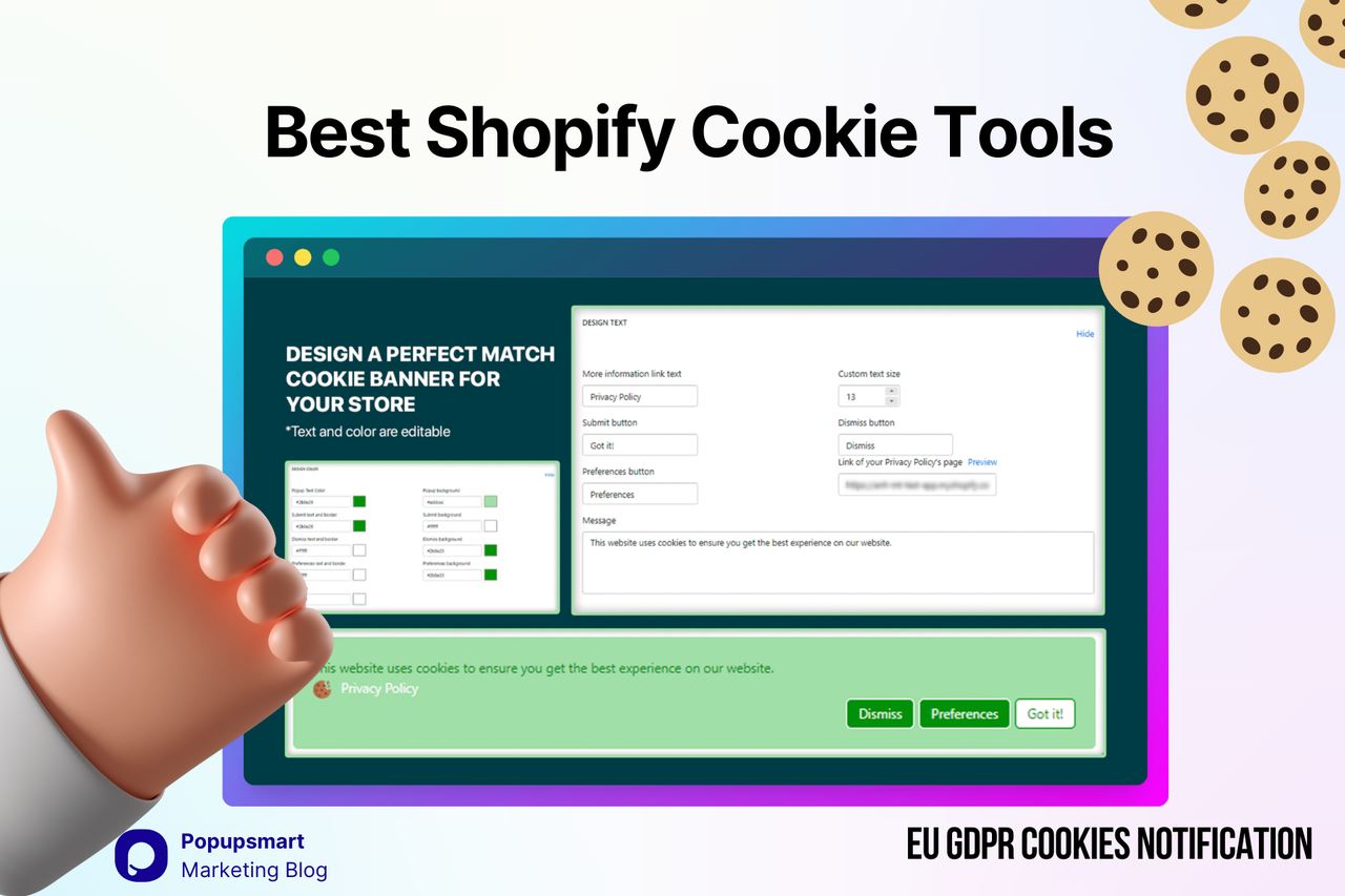 Best-Shopify.com sitesi üzerinde yeşil arka plan ve çerez onay pop-up'ı ile EU GDPR Cookies Notification ekran görüntüsü
