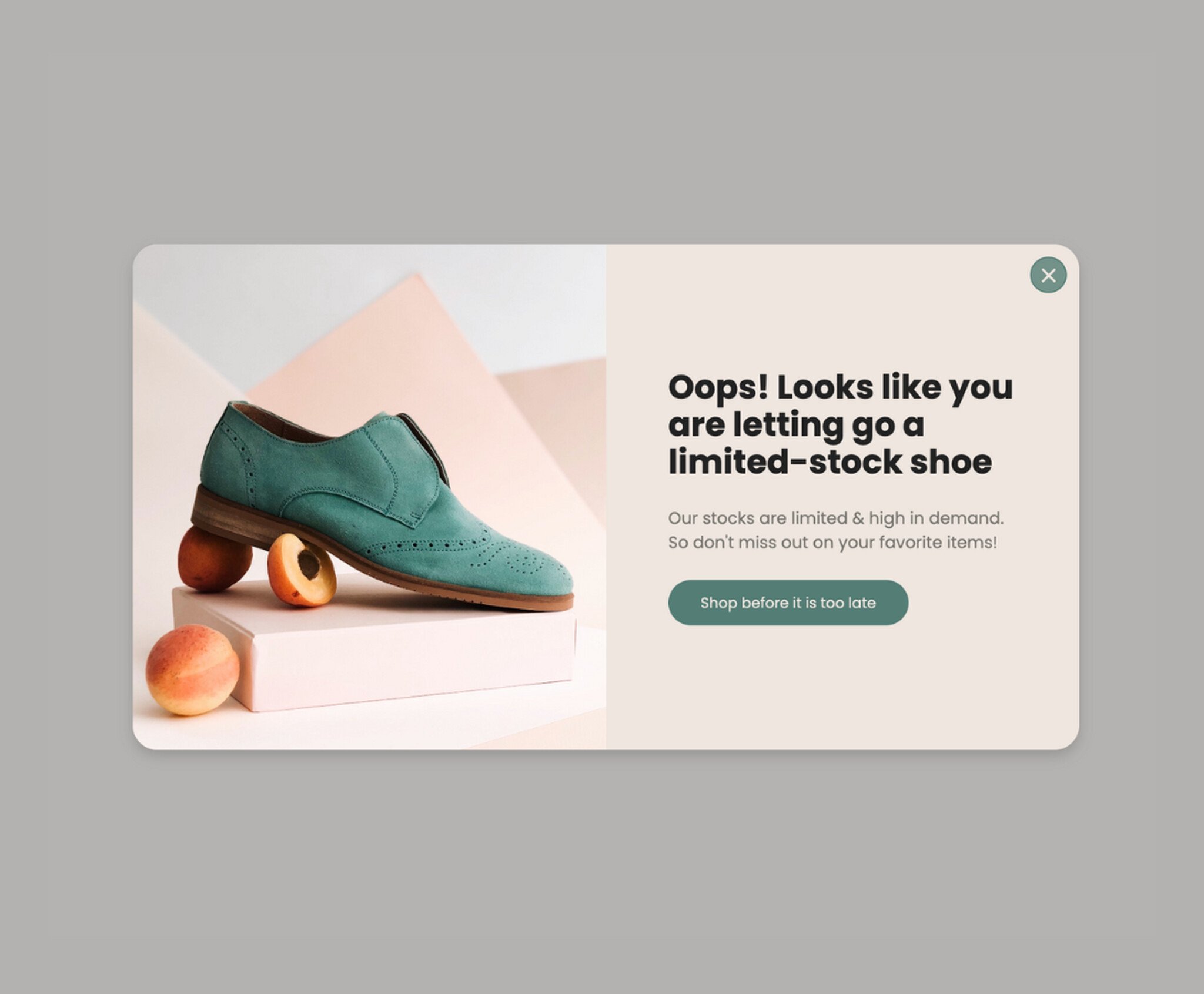 alt= "çıkış niyetine duyarlı pop-up örneği: Hata! Stoklarla sınırlı bir ayakkabıyı kaçırıyorsunuz! Ayakkabı fotoğrafı ile birlikte"