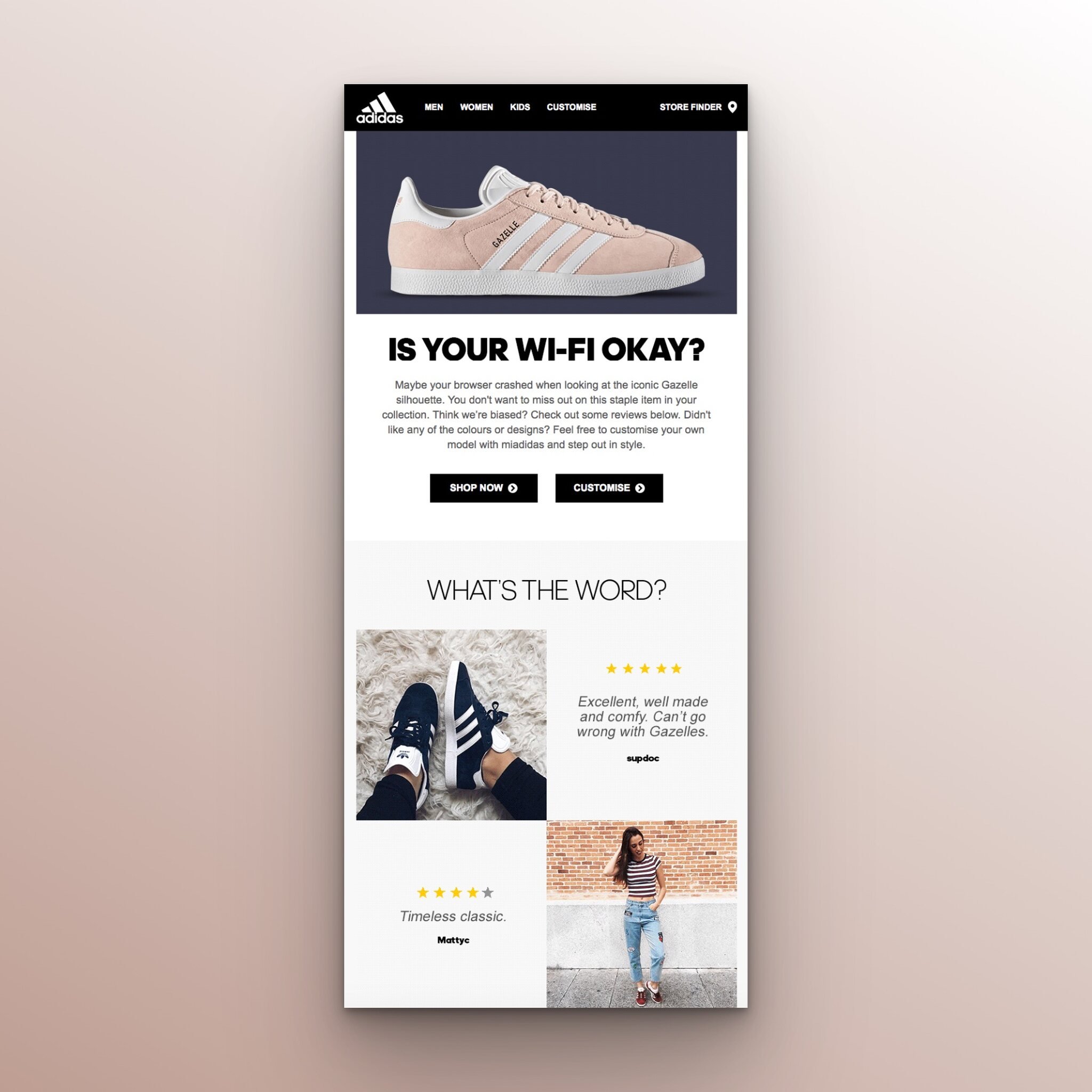 Adidas’ın terk edilen sepetler için gönderdiği takip e-postası örneği, 'İnternet Bağlantınızda Sorun mu Var?' yazıyor.