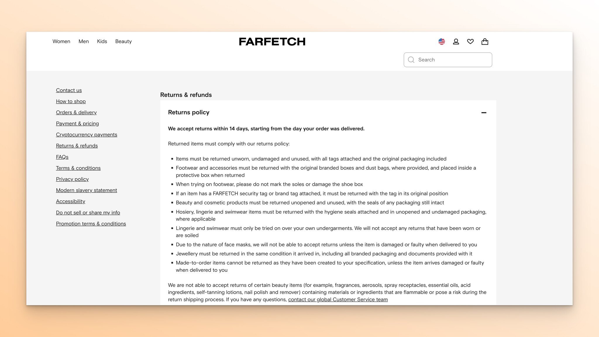 Farfetch’in iade ve geri ödeme politikası sayfa örneği