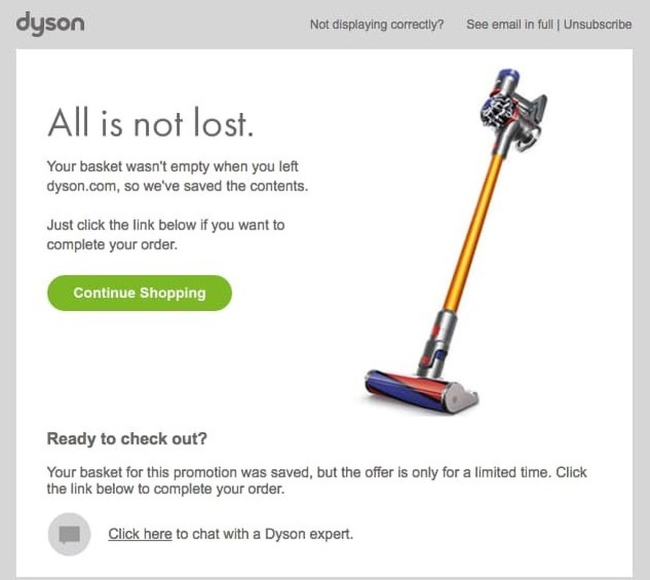 Dyson'ın terk edilen sepet konu başlığı "Her Şey Kaybolmadı"