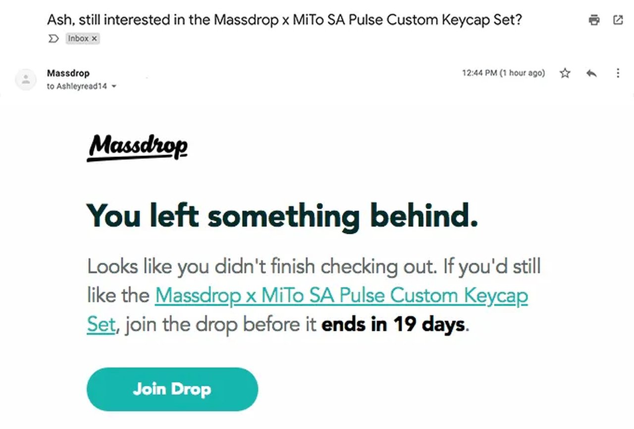 Massdrop'un terk edilmiş sepet konu başlığı "Ash, hala Massdrop x MiTo SA Pulse Özel Tuş Takımı Setiyle ilgileniyor musun?"
