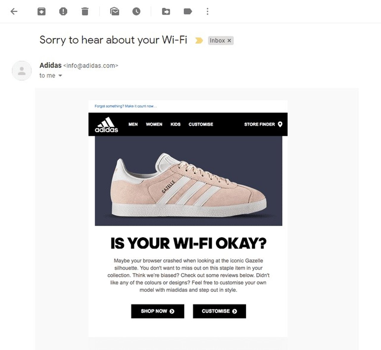 Adidas'ın terk edilen sepet e-postası konu satırı "Wi-Fi bağlantınızda bir sorun mu var?"